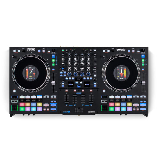 Controlador DJ Rane Performer Negro Motorizado 4 Canales con Platos 7" Displays Faders Precision Feel Stems FX Avanzado Serato DJ Pro