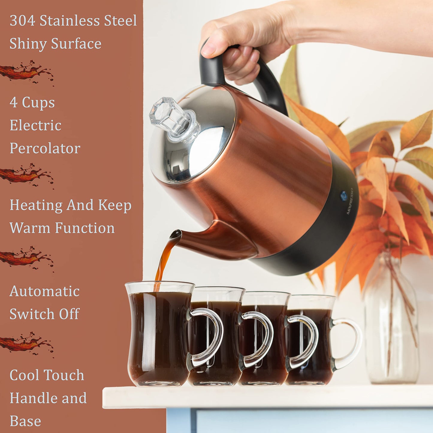 Percolador de Café Eléctrico Mixpresso Cobre para Camping 4 Tazas