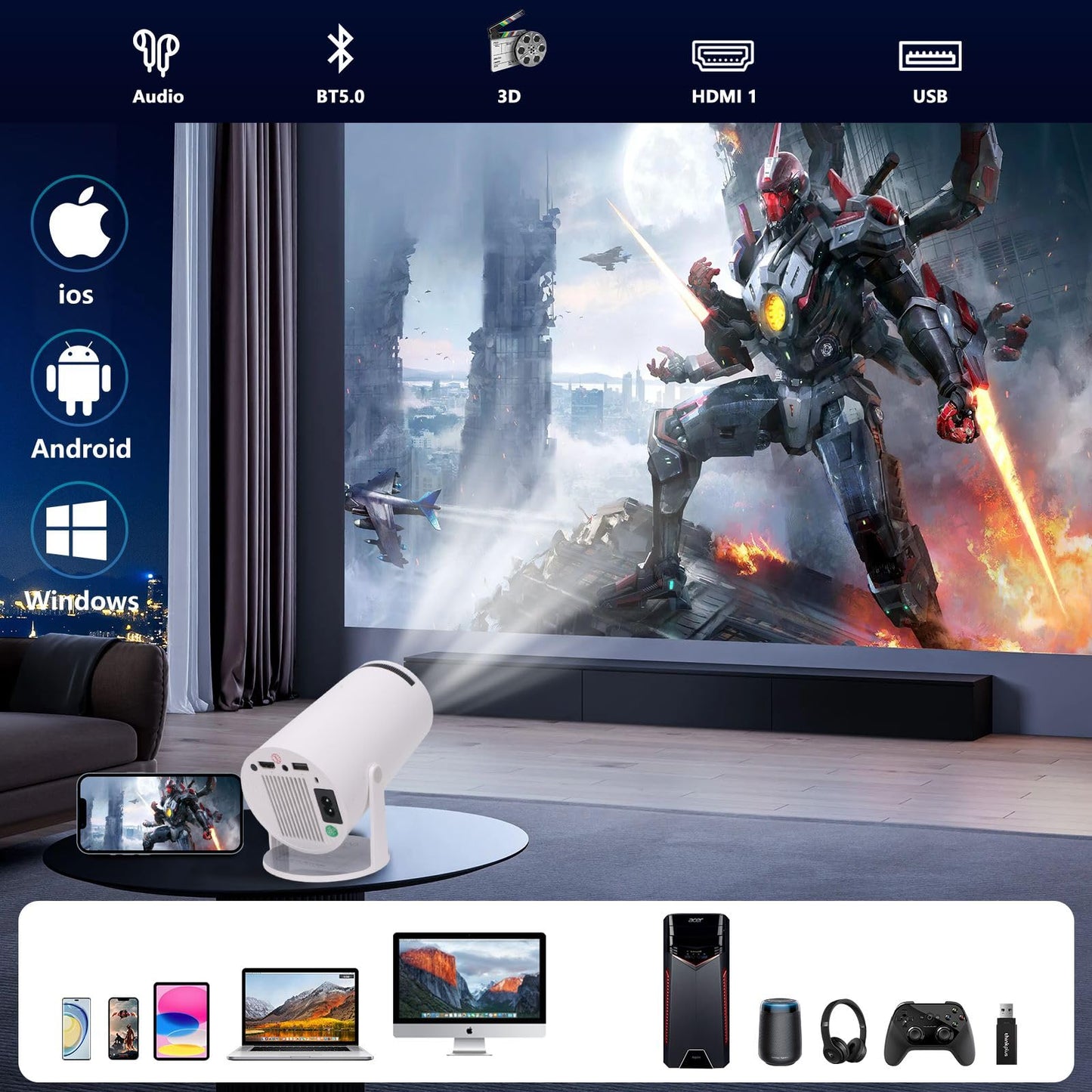 Mini Proyector AOSO Blanco con WiFi 6 y Bluetooth 5.0 para Cine Exterior