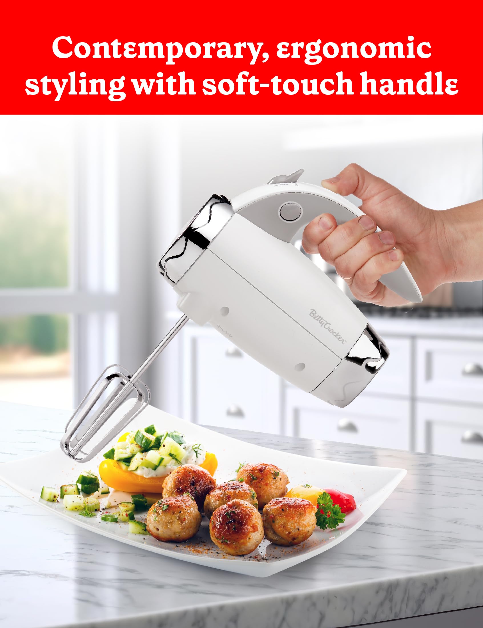 BETTY CROCKER - Batidora de mano eléctrica de 7 velocidades, 250 W con batidores y ganchos para masa, mezclador de mano eléctrico ergonómico para el hogar y la cocina con soporte y mango suave al