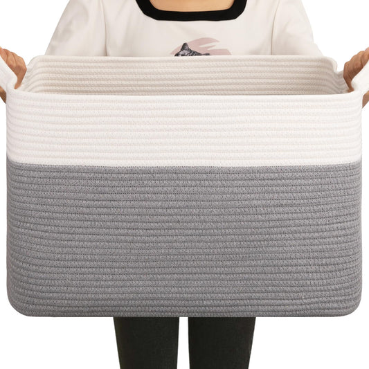 OIAHOMY - Cesta de manta grande, de algodón de 65 litros, cesta de ropa tejida para habitación de bebé, contenedor para almacenamiento de mantas en sala de estar, 20 x 16 x 12 pulgadas, gris y blanco