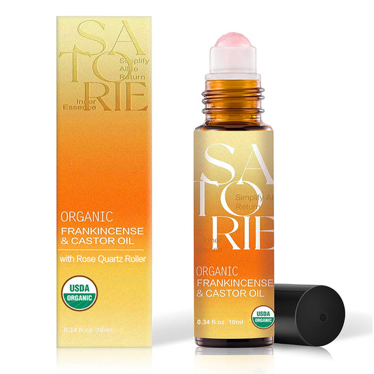 Satorie Aceite Orgánico De Ricino E Incienso Con Cuarzo Rosa En Roll-On - Mezcla De Aceites Esenciales Certificada Por El Usda, Roll-On Con Efecto Antiedad, Ideal Para Rostro, Contorno De Ojos,