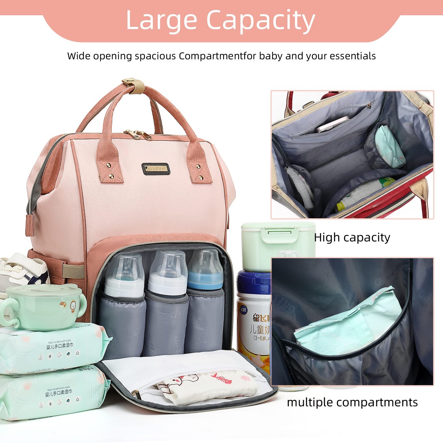 Mochila para pañales, bolsas de pañales para bebés y niñas, bolsas de bebé para mamás, papás, bolsa cambiadora de pañales con bolsillos aislados, mochila impermeable multifuncional con correas de