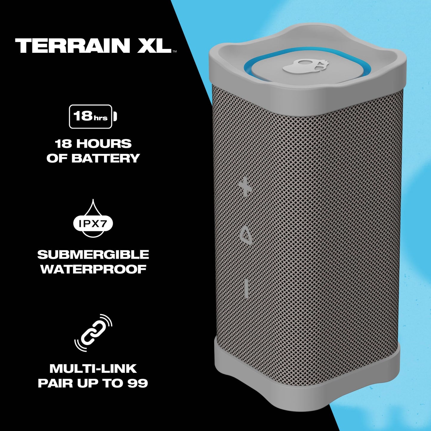 Skullcandy Terrain XL - Altavoz inalámbrico Bluetooth IPX7 Impermeable con radiadores pasivos duales Personalizados, batería de 18 Horas, muñequera de Nailon y estéreo inalámbrico Verdadero
