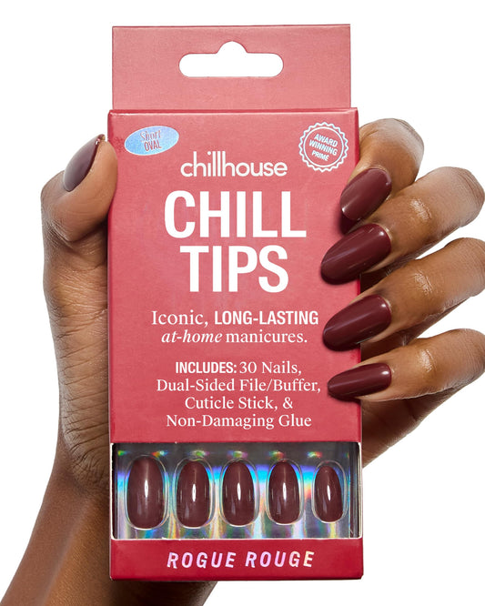 Chillhouse Kit de Uñas Postizas Chill Tips Signatures, Rogue Rouge: 30 Formas y Tamaños de Uñas, Pulidor y Lima de Doble Cara, Palito para Cutículas y Pegamento. Manicuras Duraderas.