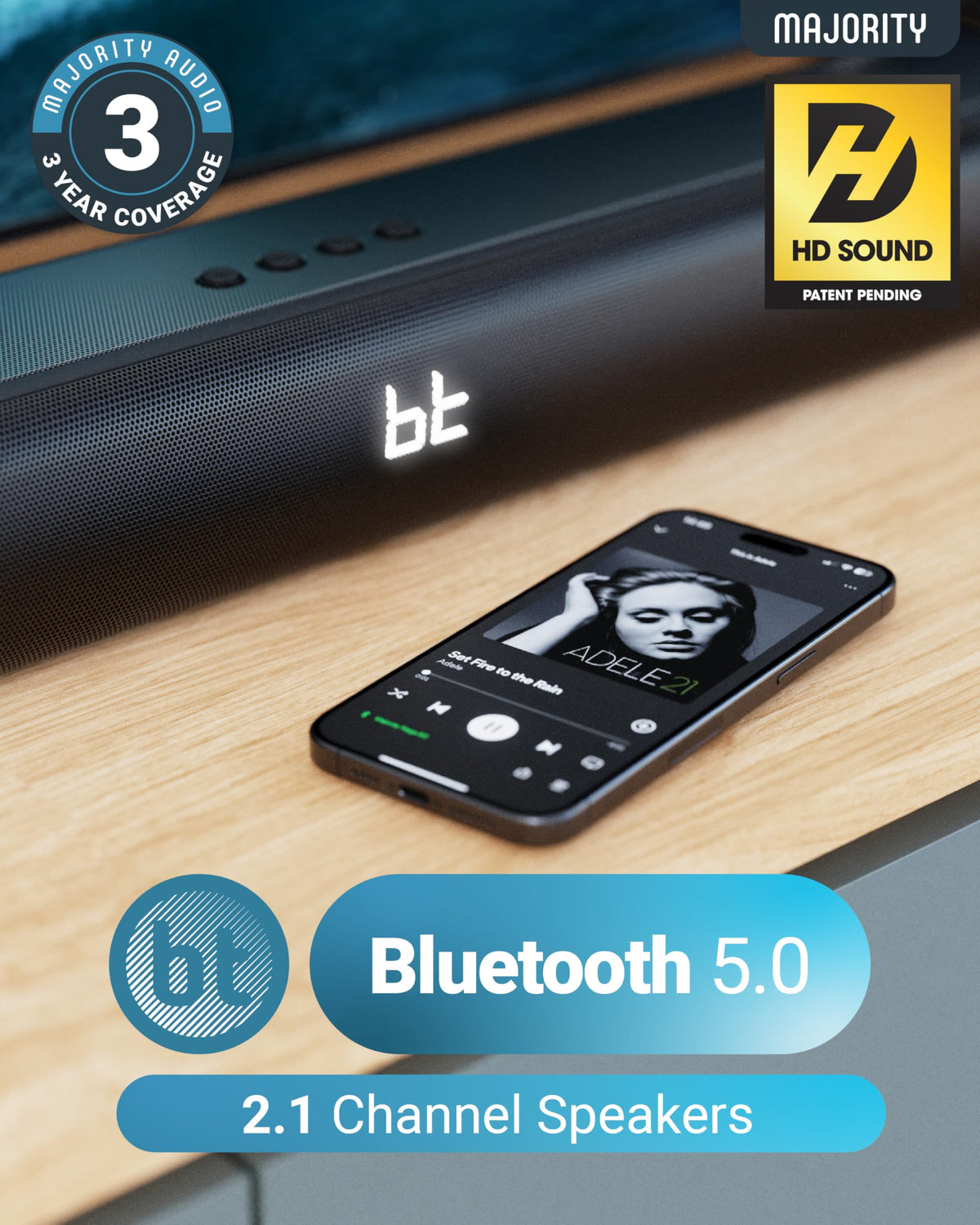 Barra de Sonido Bluetooth Majority Naga Negra 120W Sonido 3D con Subwoofer Integrado para Smart TV