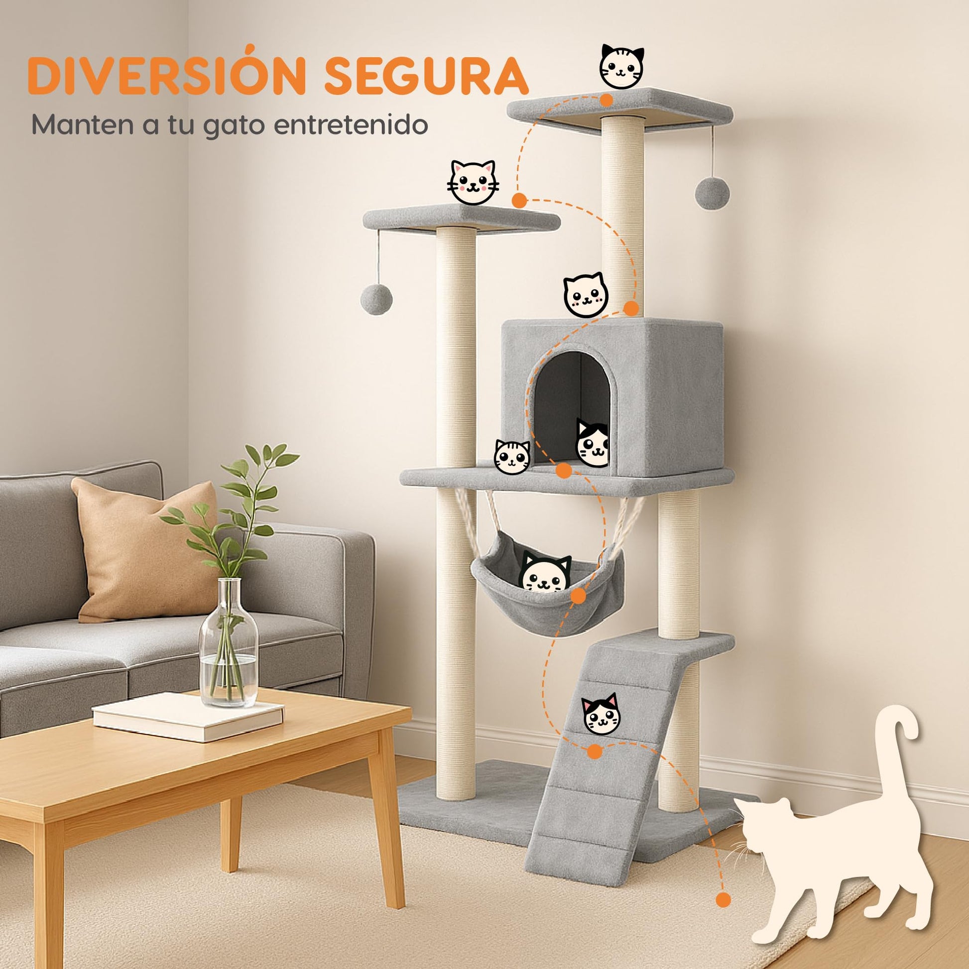 POLI PETS Rascador para Gatos Persa, Árbol para Gatos con Escalera, Escondite y Hamaca, Estructura Cubierta de Sisal y Felpa, Seguro, Cómodo y Duradero, Castillo para Gatos 125 X 50 X 40cm (Gris)