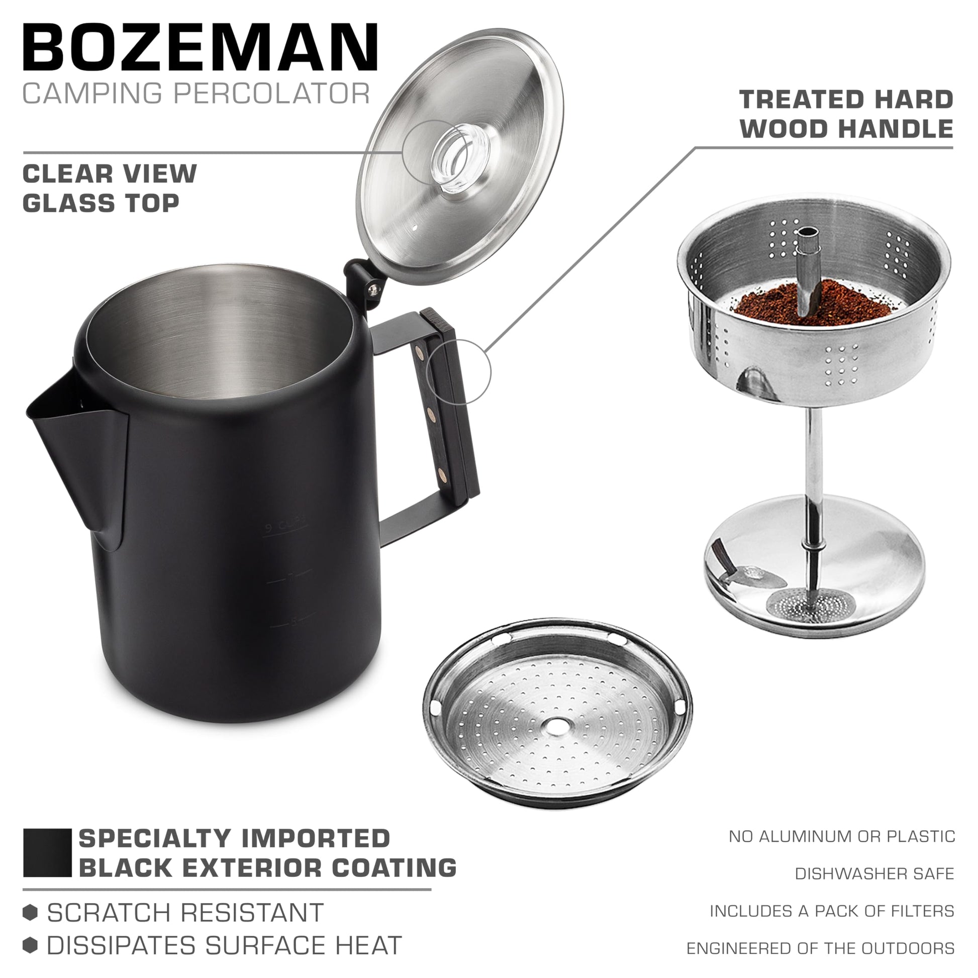 COLETTI Black Bozeman Percolator Cafetera – Cafetera de camping, Percolador de café – Percolador más elegante de Estados Unidos – Acero inoxidable puro, sin aluminio o plástico (9 tazas)