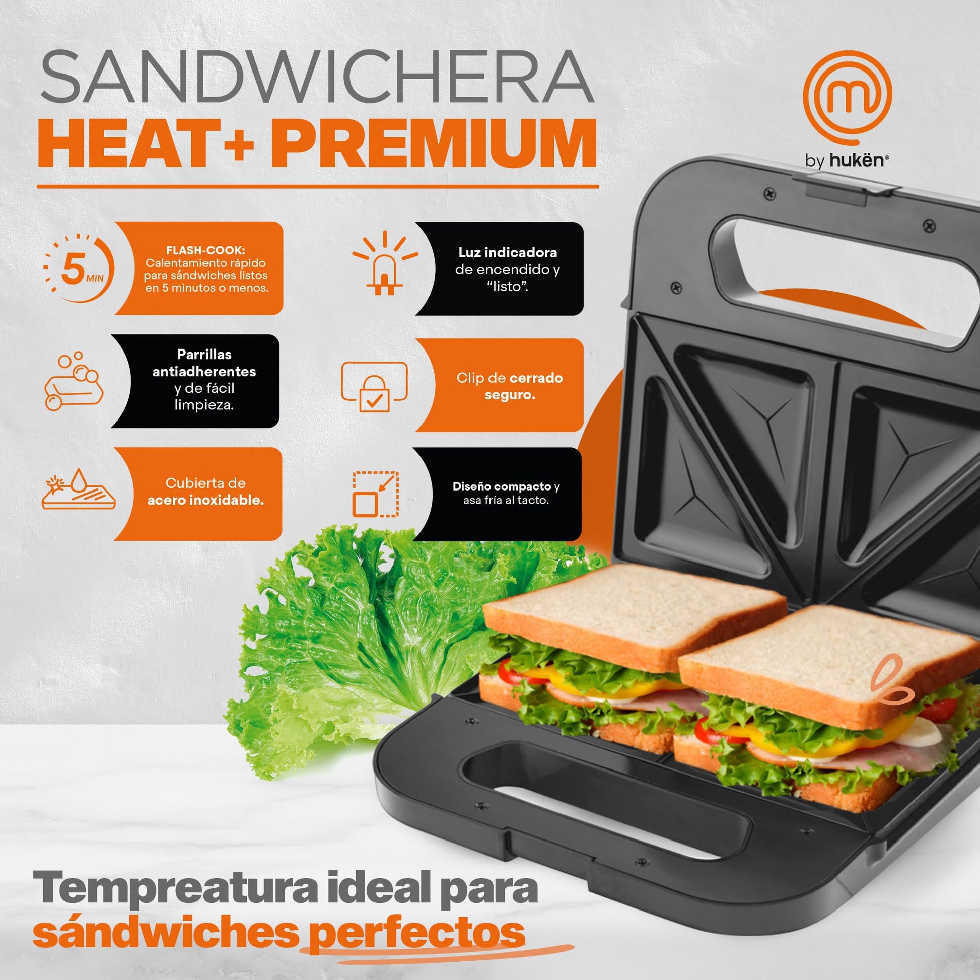Sandwichera Masterchef Gris Acero Inoxidable con Control de Temperatura Automático y Parrilla Antiadherente
