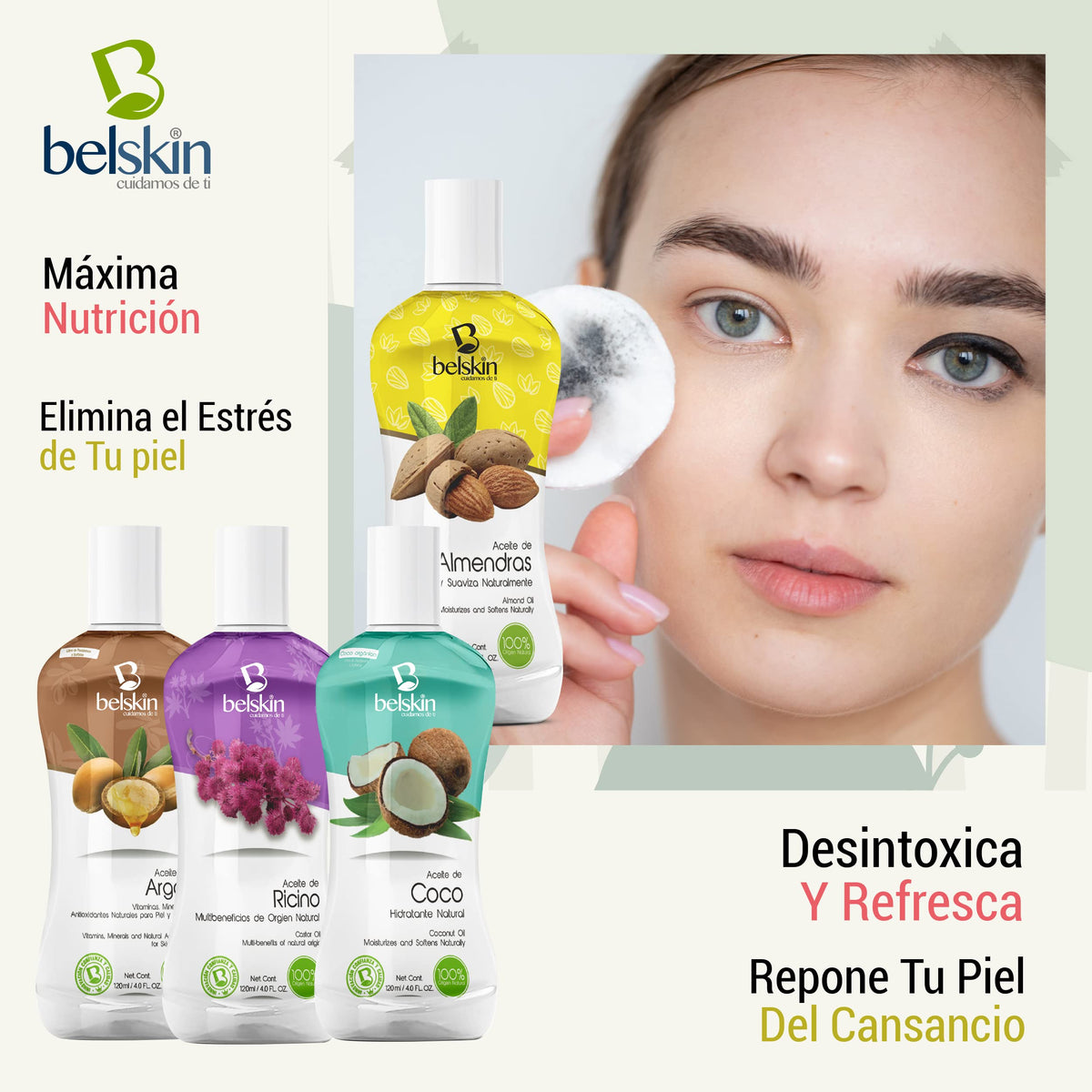BELSKIN Pack 6 Aceites Naturales 120ml c/u | Almendras, Coco, Ricino, Olivo, Argán, Aguacate | Para Rostro, Cuerpo y Cabello