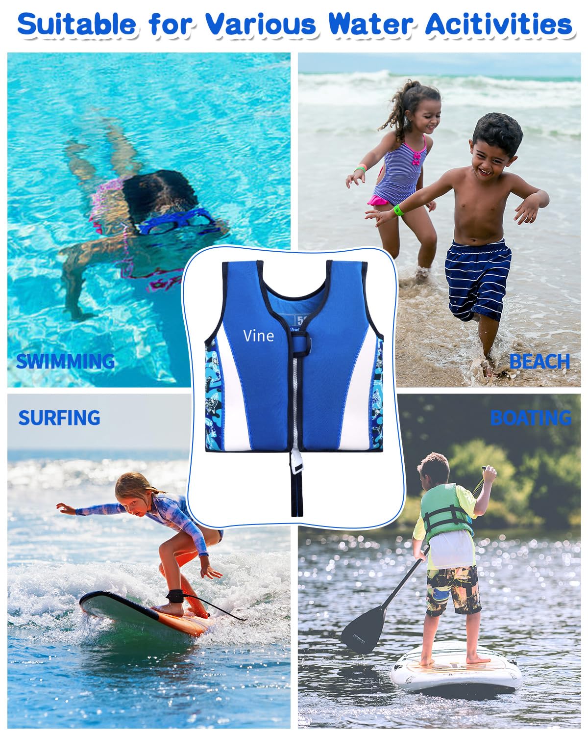 Chaleco de natación de neopreno para niños y niñas (3-4 años, D)