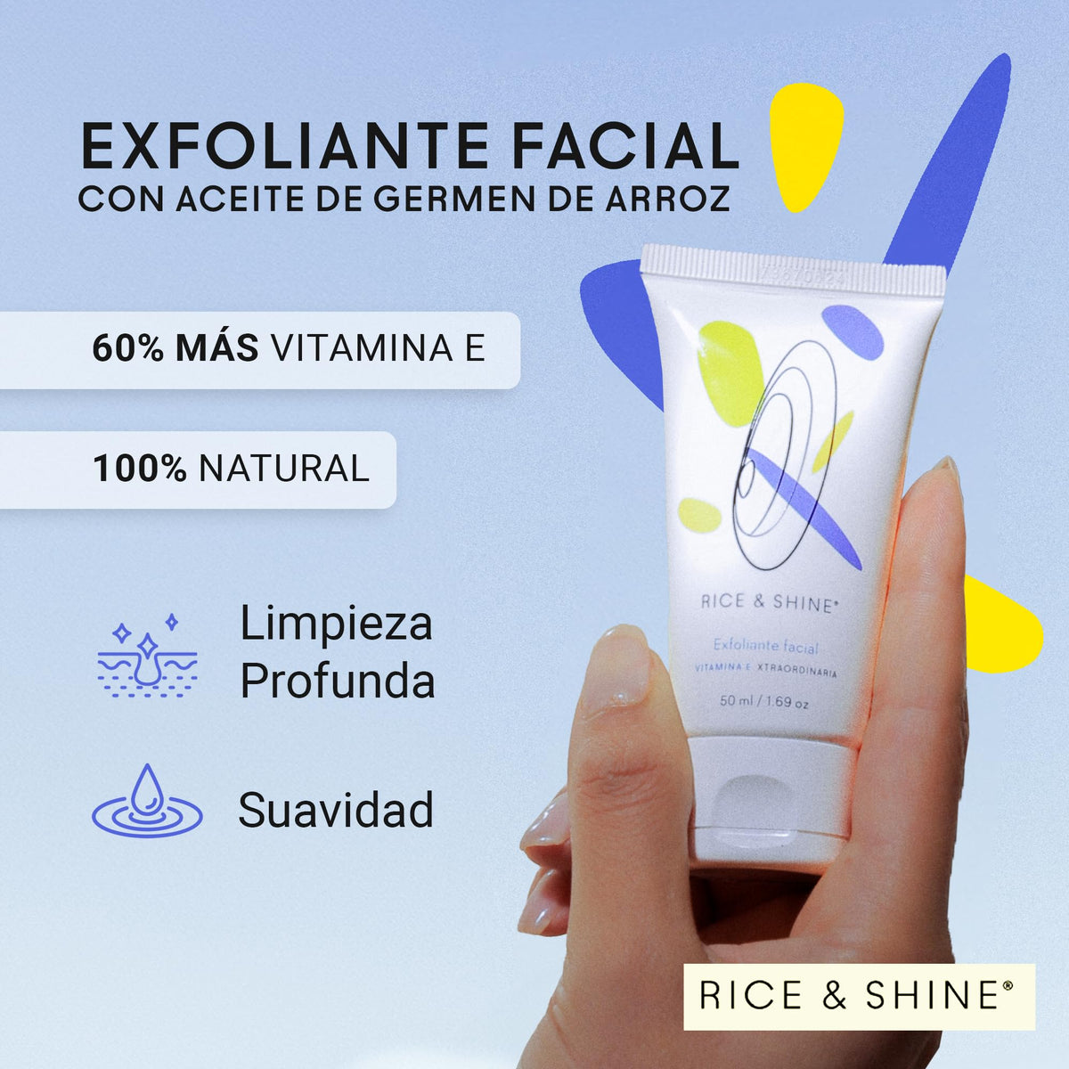 RICE & SHINE | Exfoliante Facial con Aceite de Germen de Arroz | Skin Care 100% Natural - 60% más de Vitamina E que el Aceite de Argán | Limpieza Profunda y Suavidad en la Piel