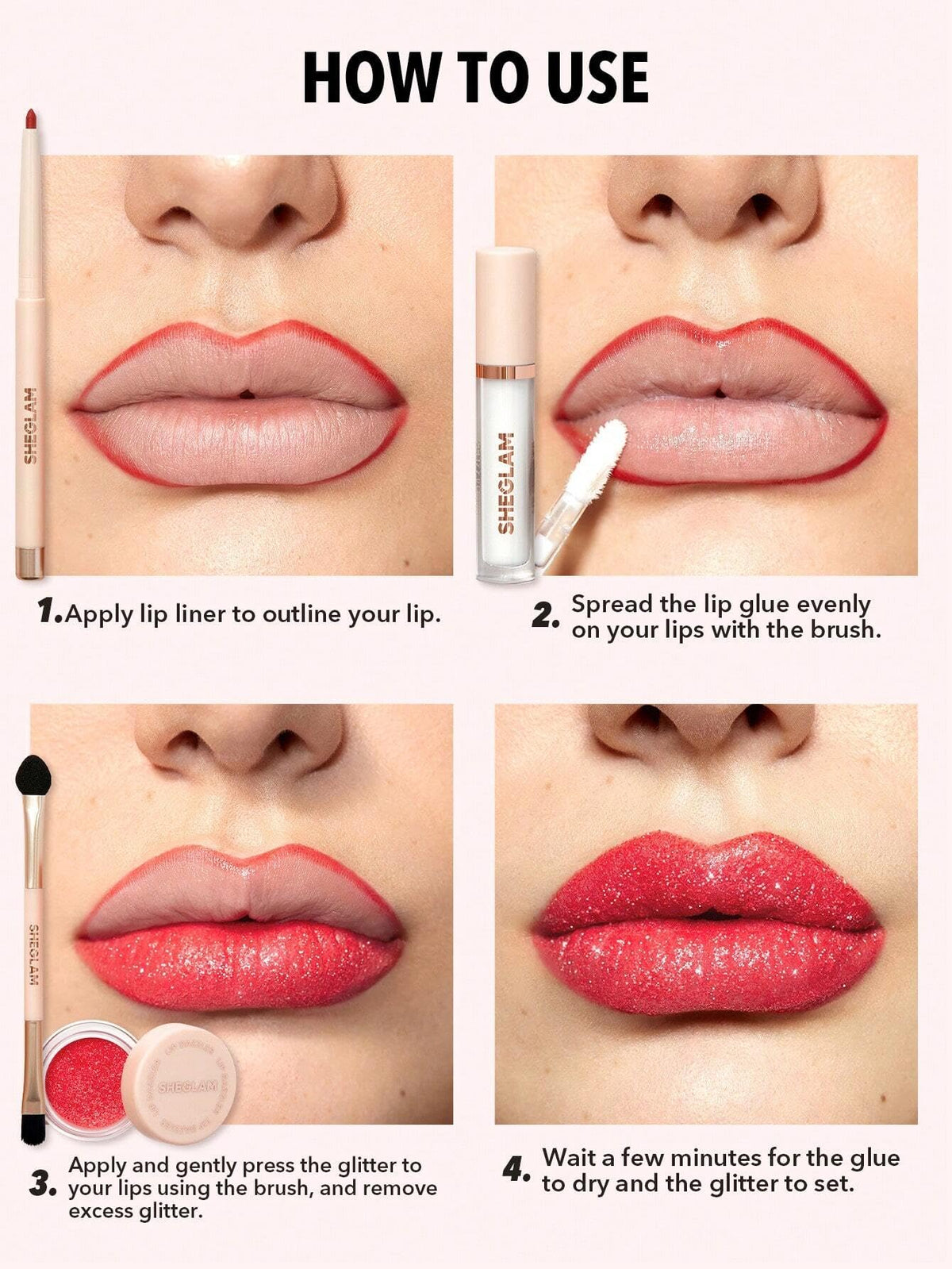 Lip Dazzler Glitter Kit - Red Carpet by Sheglam for Women - 4 Pc 0.059oz Glitter, 0.007oz Lip Liner, 0.038oz Lip Gloss, Brush