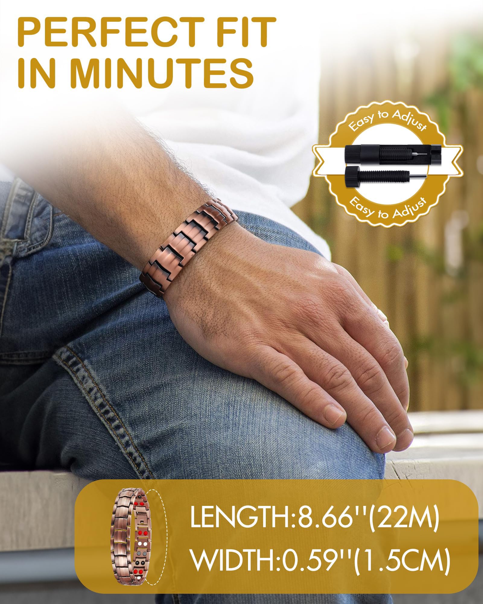 Brazalete Magnético Feraco Cobre Puro 99.99% Imán 3500 Gauss para Hombre