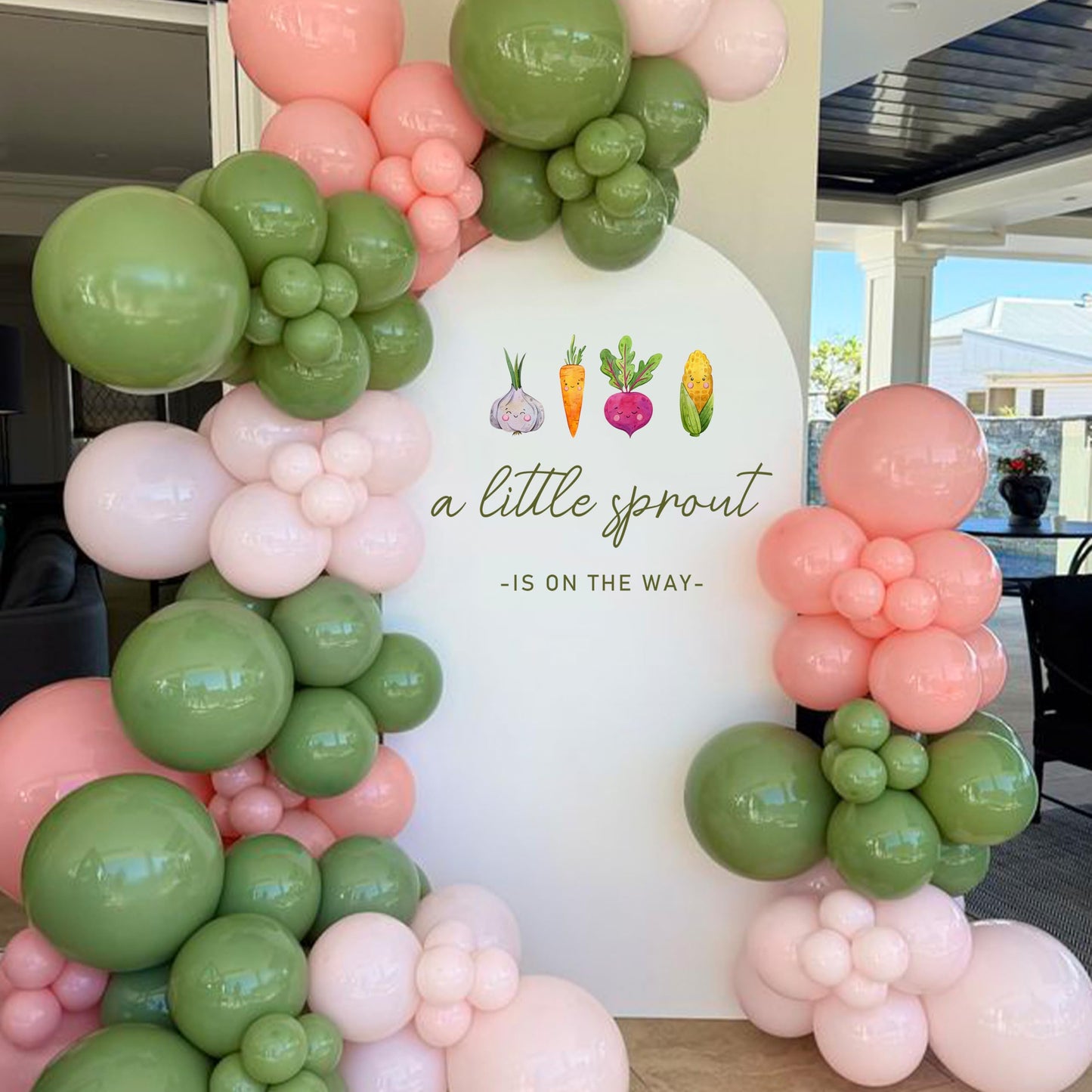KIETKIE - Calcomanía de pared para baby shower de Little Sprout – ilustraciones vegetales de granja y escritura rústica, telón de fondo de baby shower neutro para cosecha de otoño y fiestas temáticas