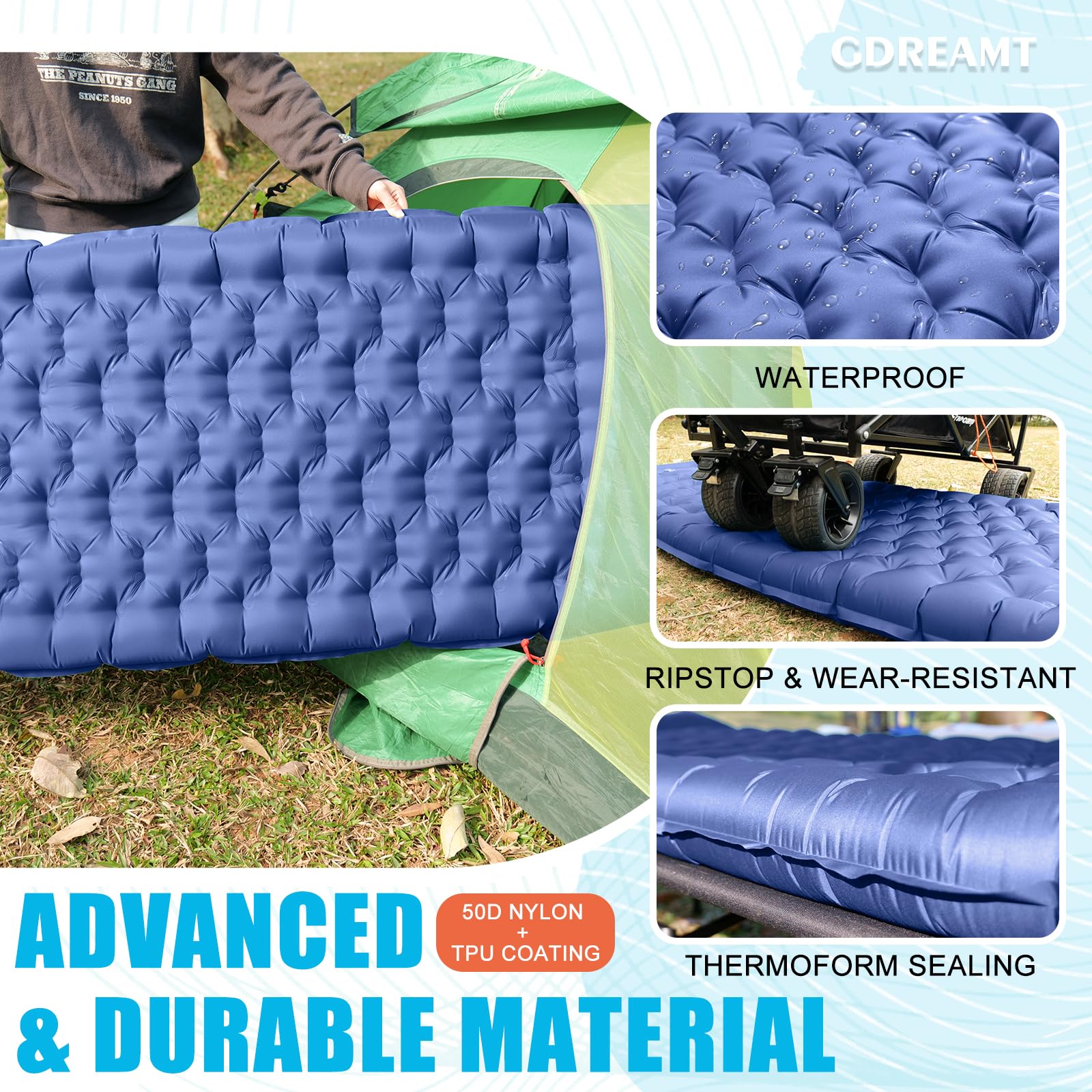 GDREAMT - Almohadilla de dormir inflable para acampar con almohada, grosor extra de 4 pulgadas con bomba integrada, colchón de aire compacto y ultraligero para mochileros, senderismo, tienda de