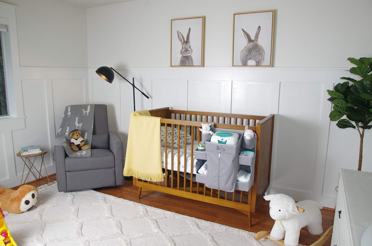 Premium Nursery Organiser and Baby Nappy Caddy Hanging Nappy Organiser for Baby Essentials Hang on Crib, Changing Table, Playard or Furniture Portable Storage for Wipes (Grey)