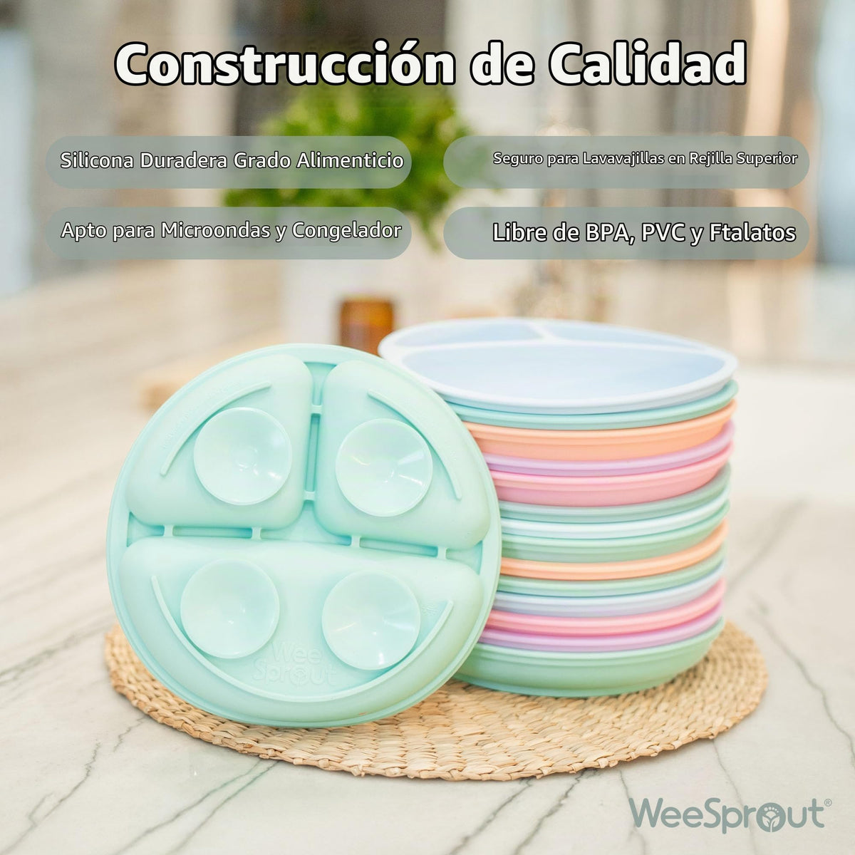 Placas de succión WeeSprout con tapas para bebés y niños pequeños - 100% silicona, vajilla que se mantiene en su lugar, diseño dividido para comedores exigentes, aptas para microondas y lavavajillas