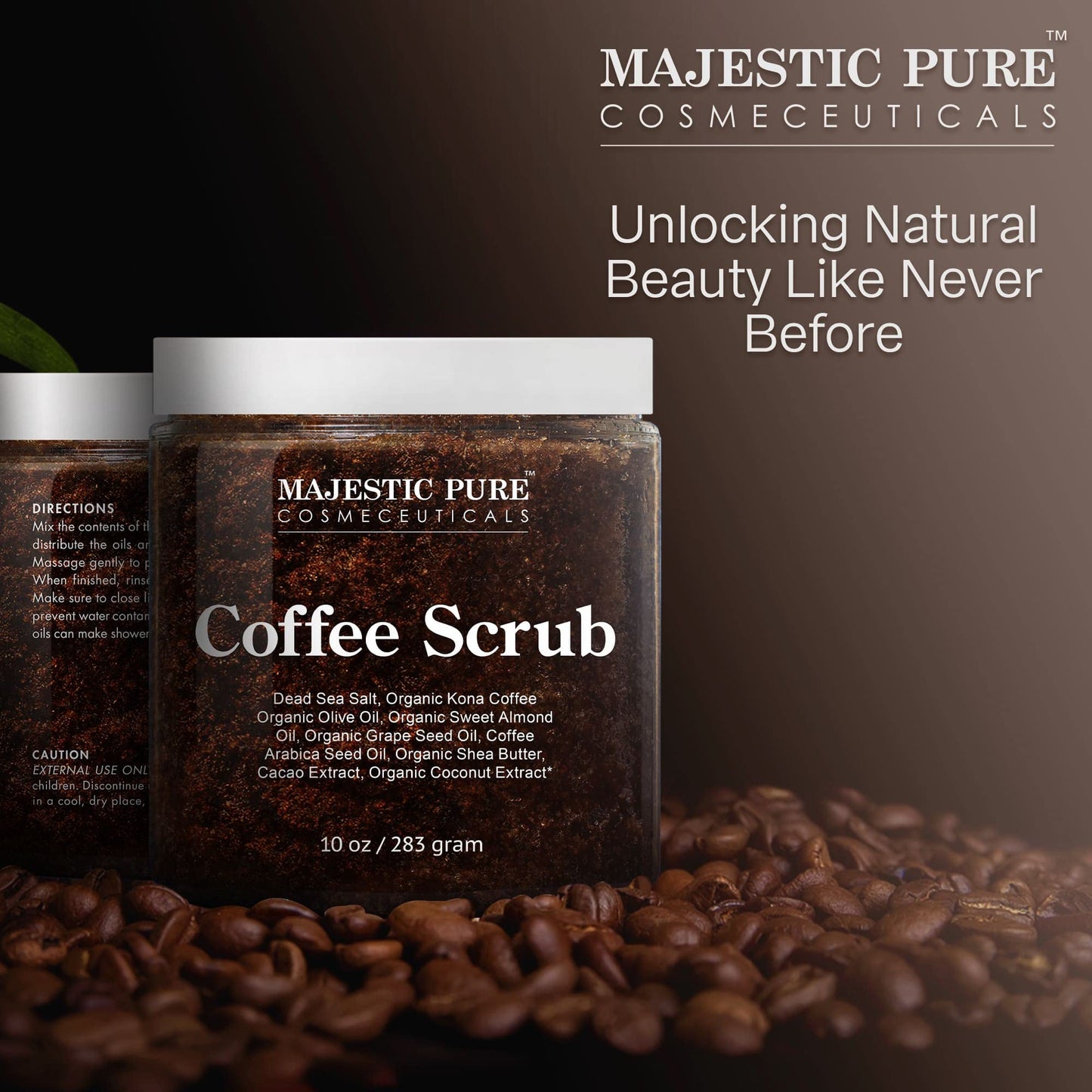 Majestic Pure Arabica Coffee Scrub - All Natural Body Scrub for Skin Care, Stretch Marks, Acne & Cellulite, Eczema, Age Spots & Varicose Veins - 10 Oz, 283 g