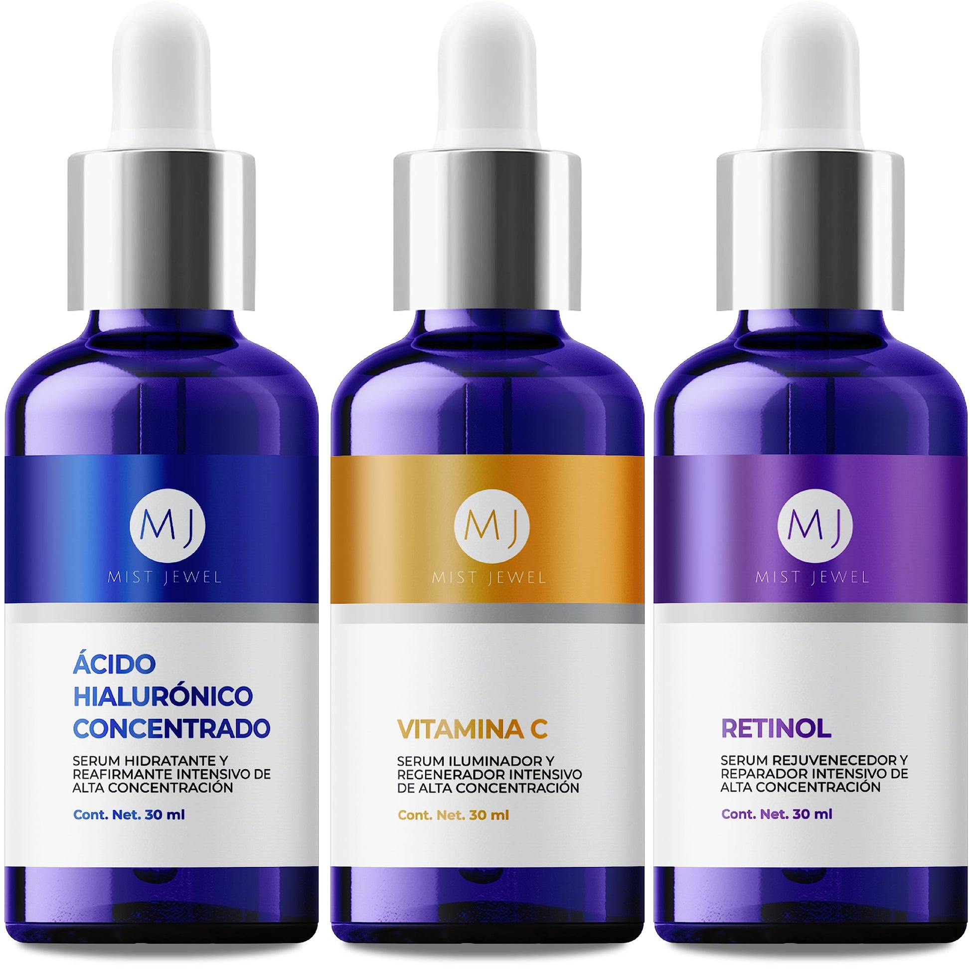 MIST JEWEL Kit sueros faciales Acido Hialurónico, Retinol y Vitamina C + E | Conjunto de serums completo para rejuvenecer, proteger y cuidar el cutis antiedad (KIT facial complete)