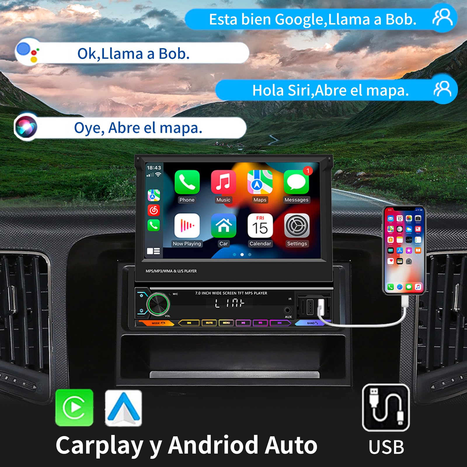 FINYQBET Stereo para Auto de 7 Pulgadas,estereo 1 din con CarPlay y Android Auto, Control de Volante y Cámara de Reversa,Estereos para Coches Ideal para Conducir Seguro y Disfrutar de Música Inmersiva