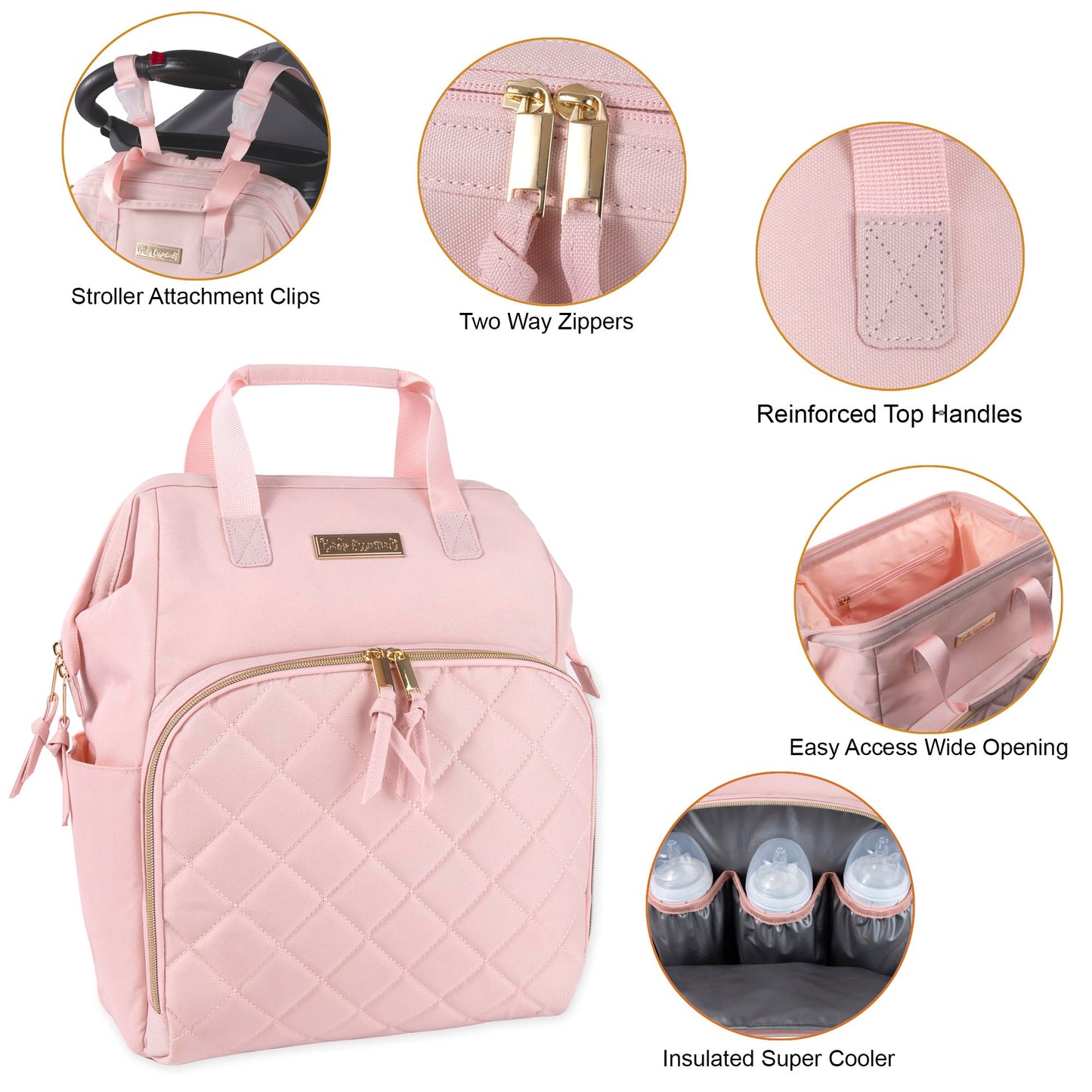 Baby Essentials - Mochila de pañales con marco principal súper enfriadora con cambiador, correas para carriola, compartimento aislado para botellas, Malva rosa, Mediano, Mochila para pañales