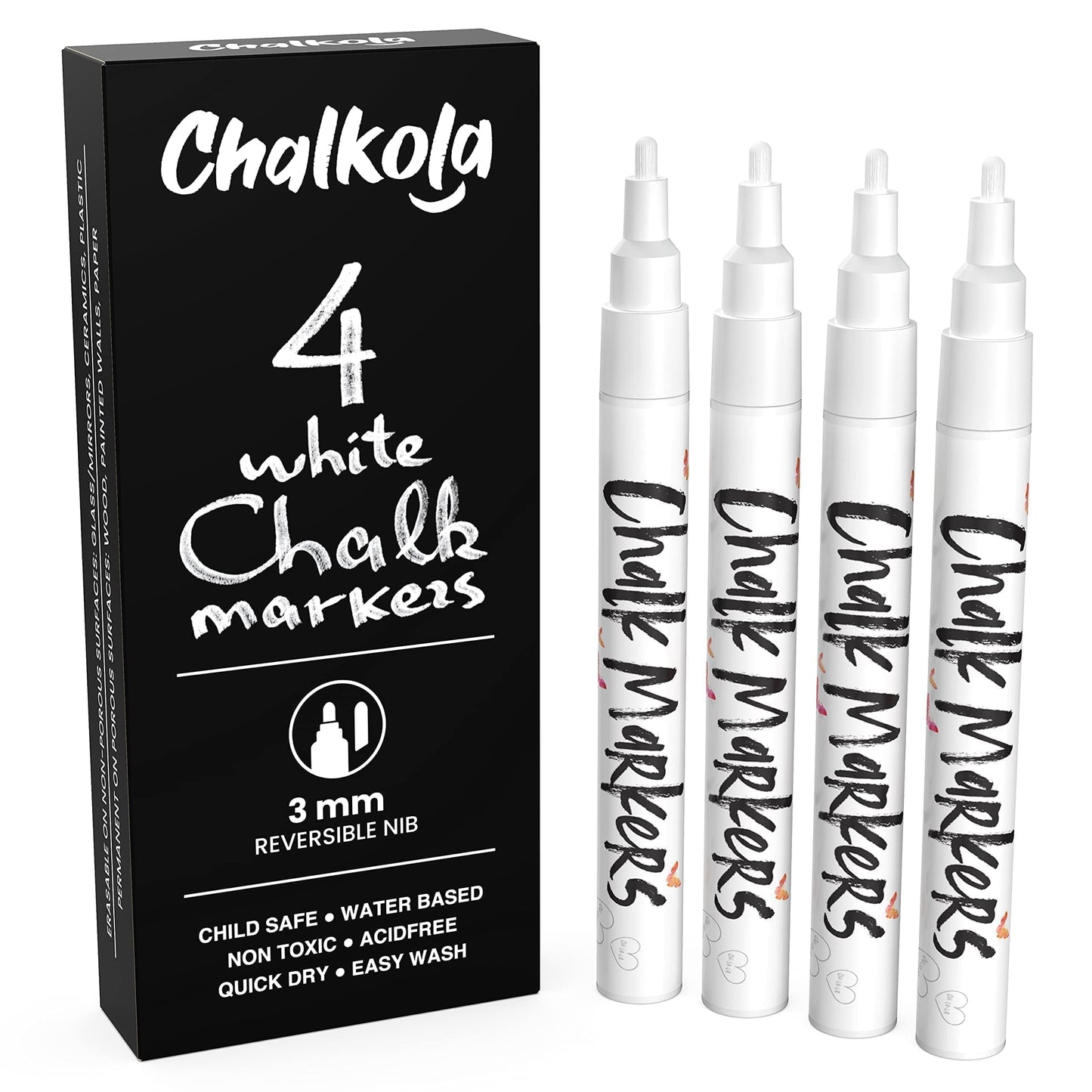 Chalkola Rotuladores de gis blanca, Fine Tip - 4 Pens