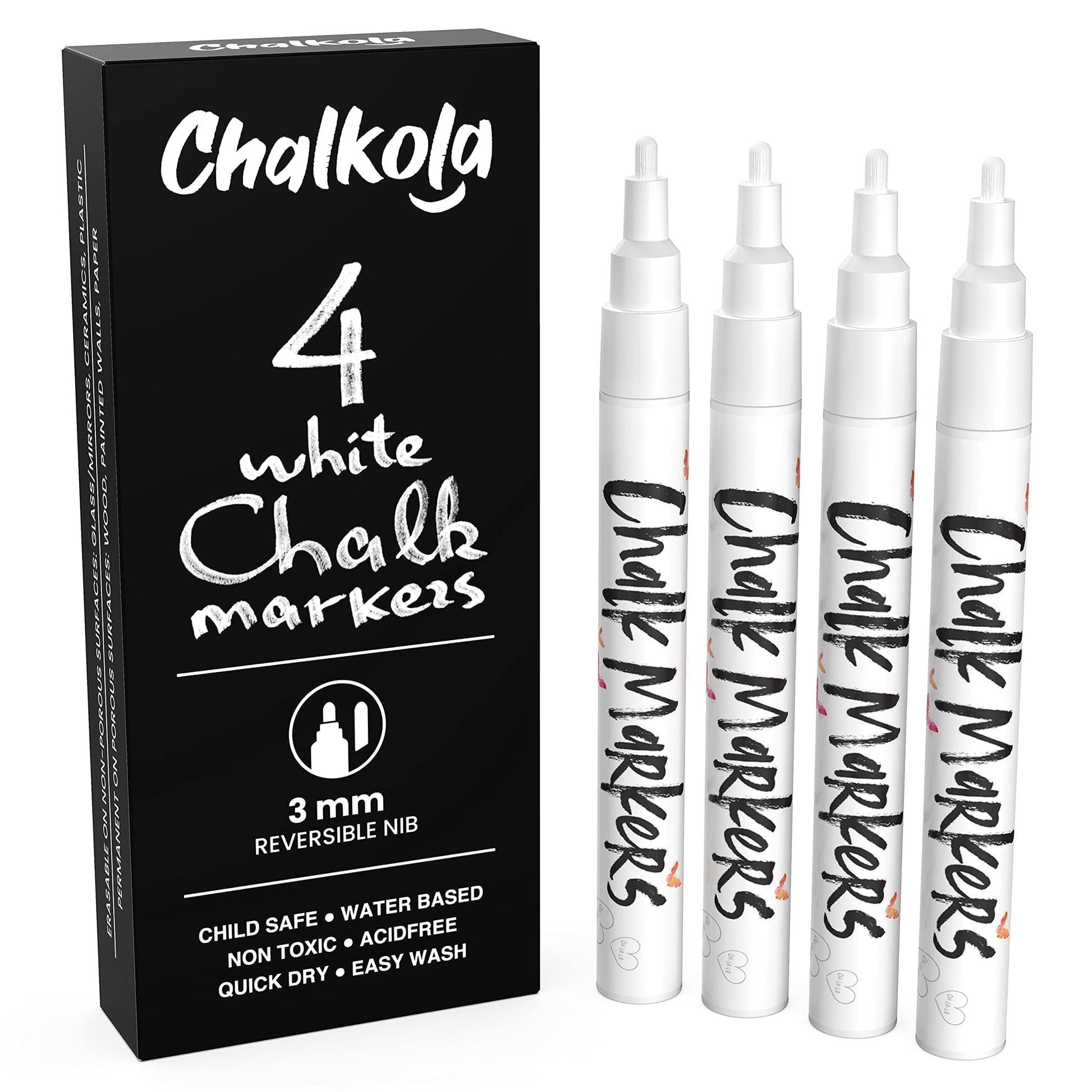 Chalkola Rotuladores de gis blanca, Fine Tip - 4 Pens