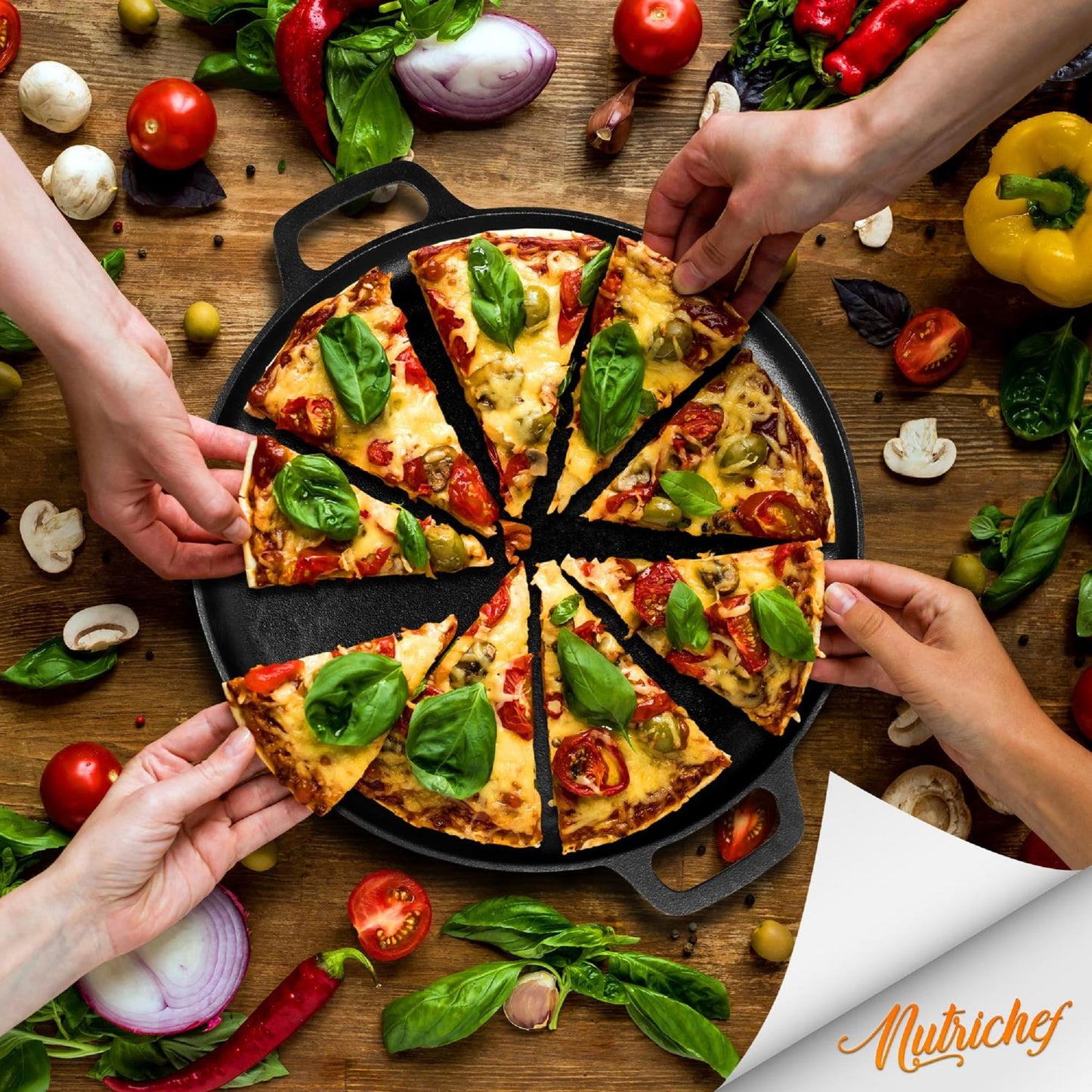 Molde Plano para Pizza NutriChef Hierro Fundido 13 Pulgadas con Asas Integradas Versátil