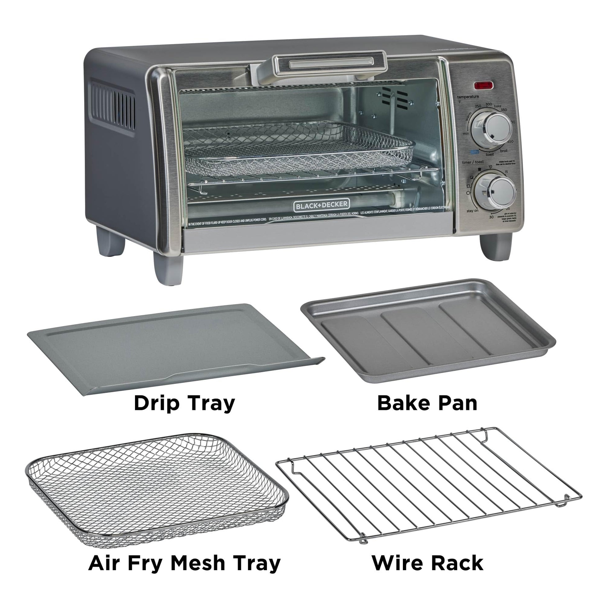 BLACK+DECKER Crisp 'N Bake Air Fry Horno tostador de convección, capacidad media, 4 veces, 5 en 1, se adapta a pizza de 9 pulgadas, temporizador de 30 minutos, hornear, asar, freír al aire, tostadas