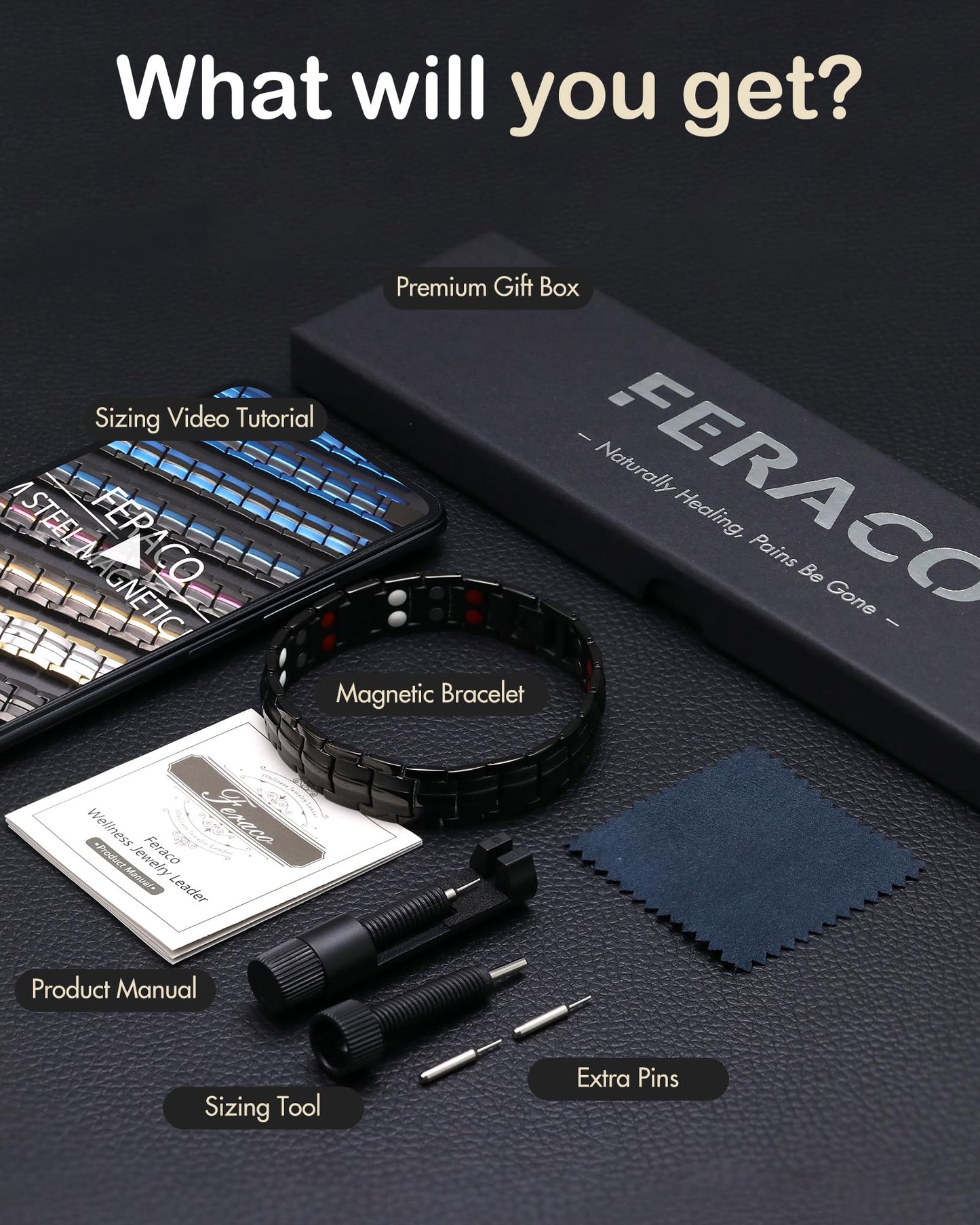 Pulsera Magnética Feraco Acero Titanio con Doble Fila para Hombre