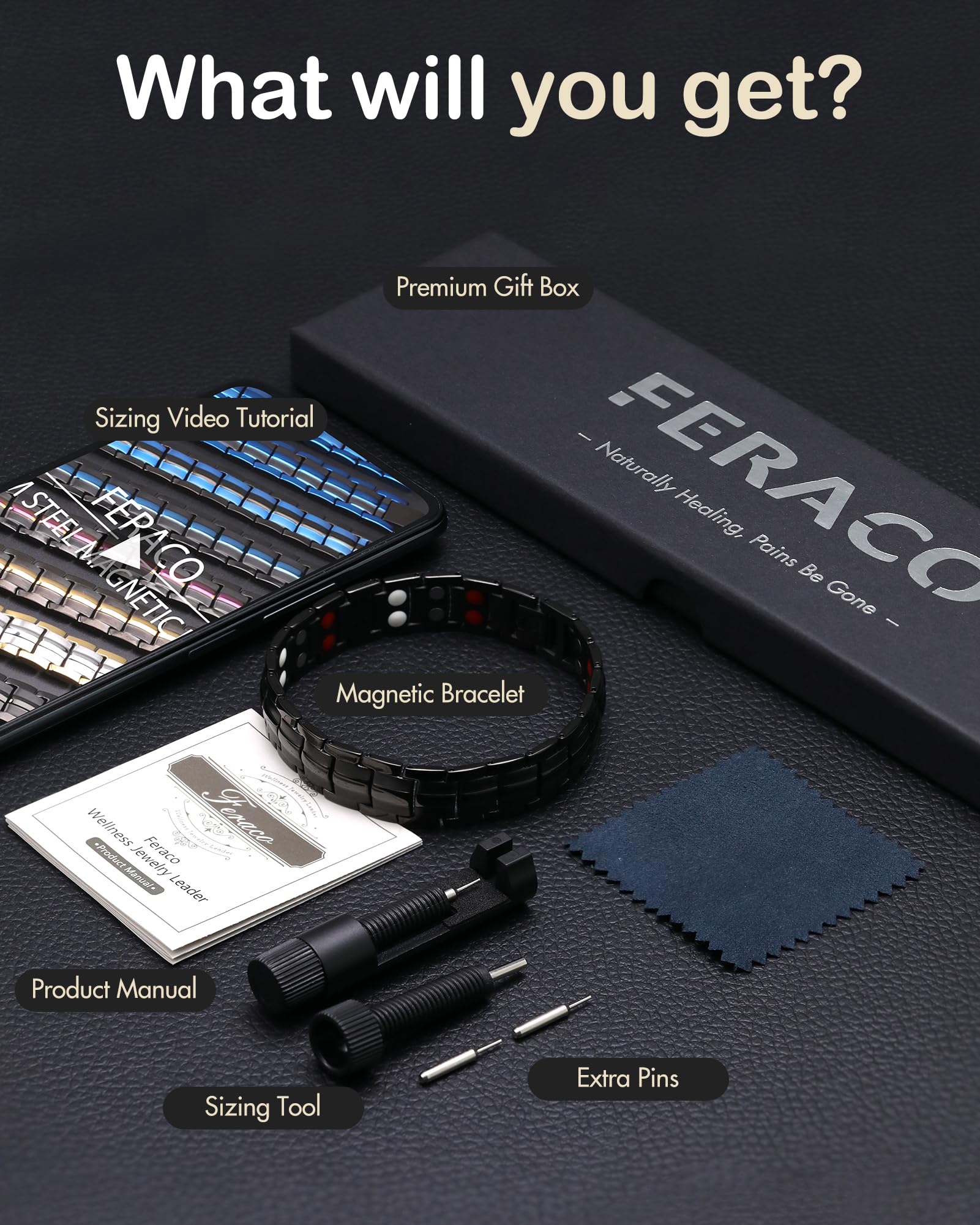 Pulsera Magnética Feraco Acero Titanio con Doble Fila para Hombre