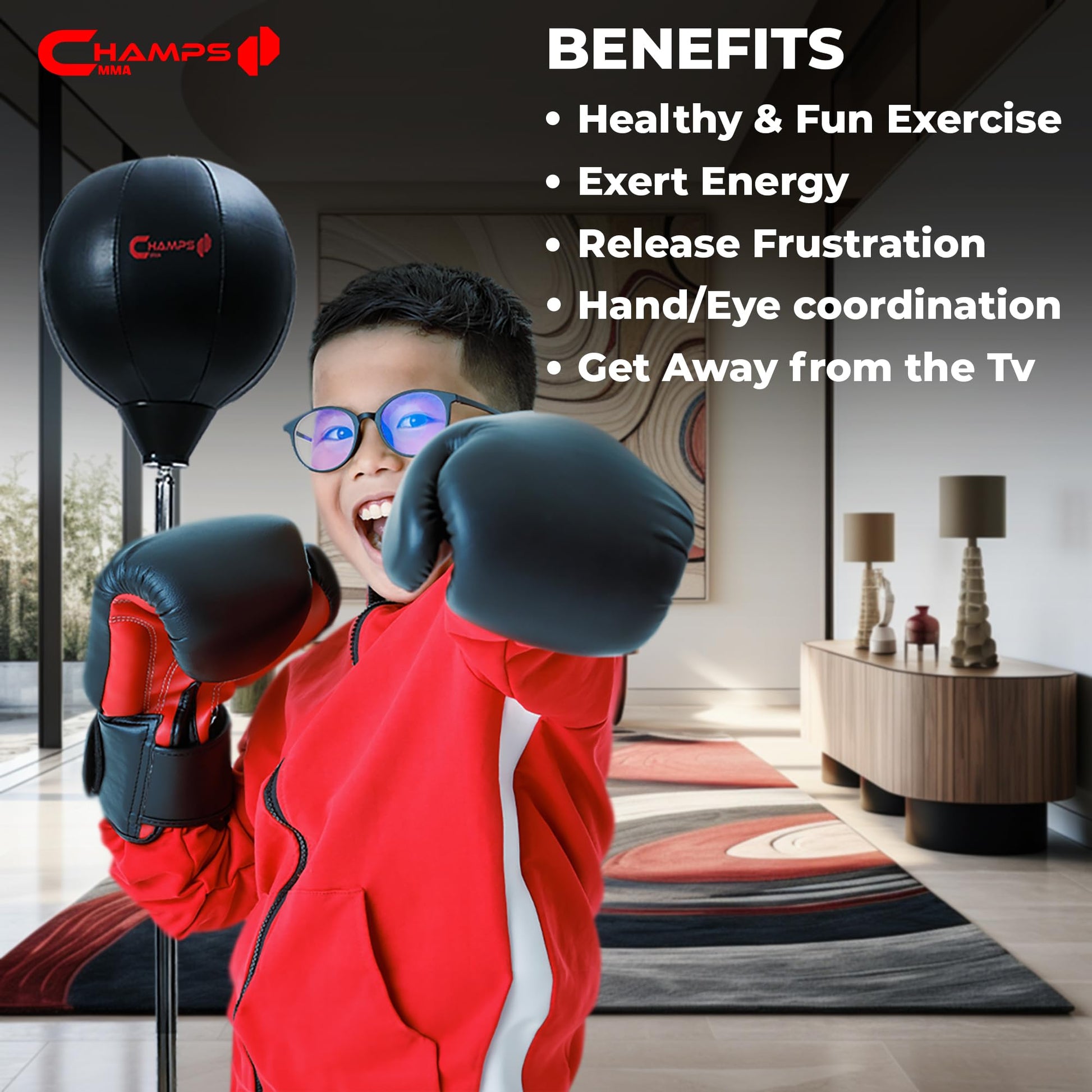 Champs MMA - Bolsa de Boxeo para niños, para niños de 6 a 16 años, Bolsa de Boxeo para niños con Soporte y Guantes, Equipo de Ejercicio para Agilidad, Kit de Entrenamiento de coordinación Ojo-Mano