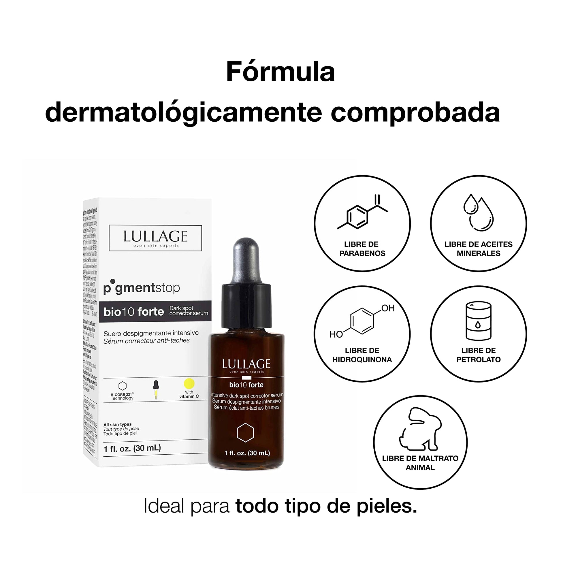 LULLAGE, Bio 10 Forte, Dropper, Suero Despigmentante Intensivo en Gotero, para Todo Tipo de Piel, Anti-manchas Facial, con Vitamina C, 30 ml