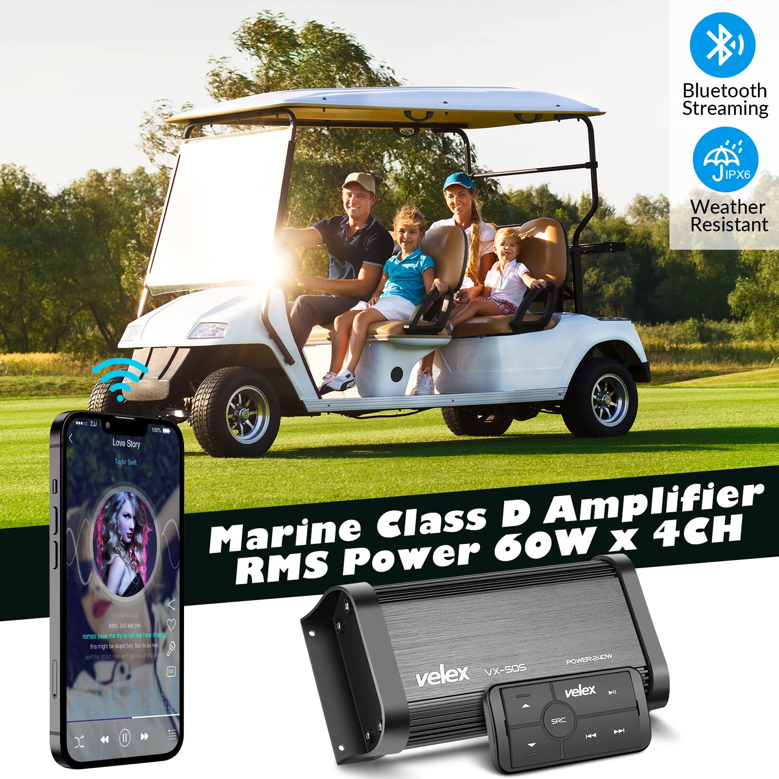 Amplificador Bluetooth Marino VELEX Impermeable 4 Canales para Barco, Golf y Motocicleta