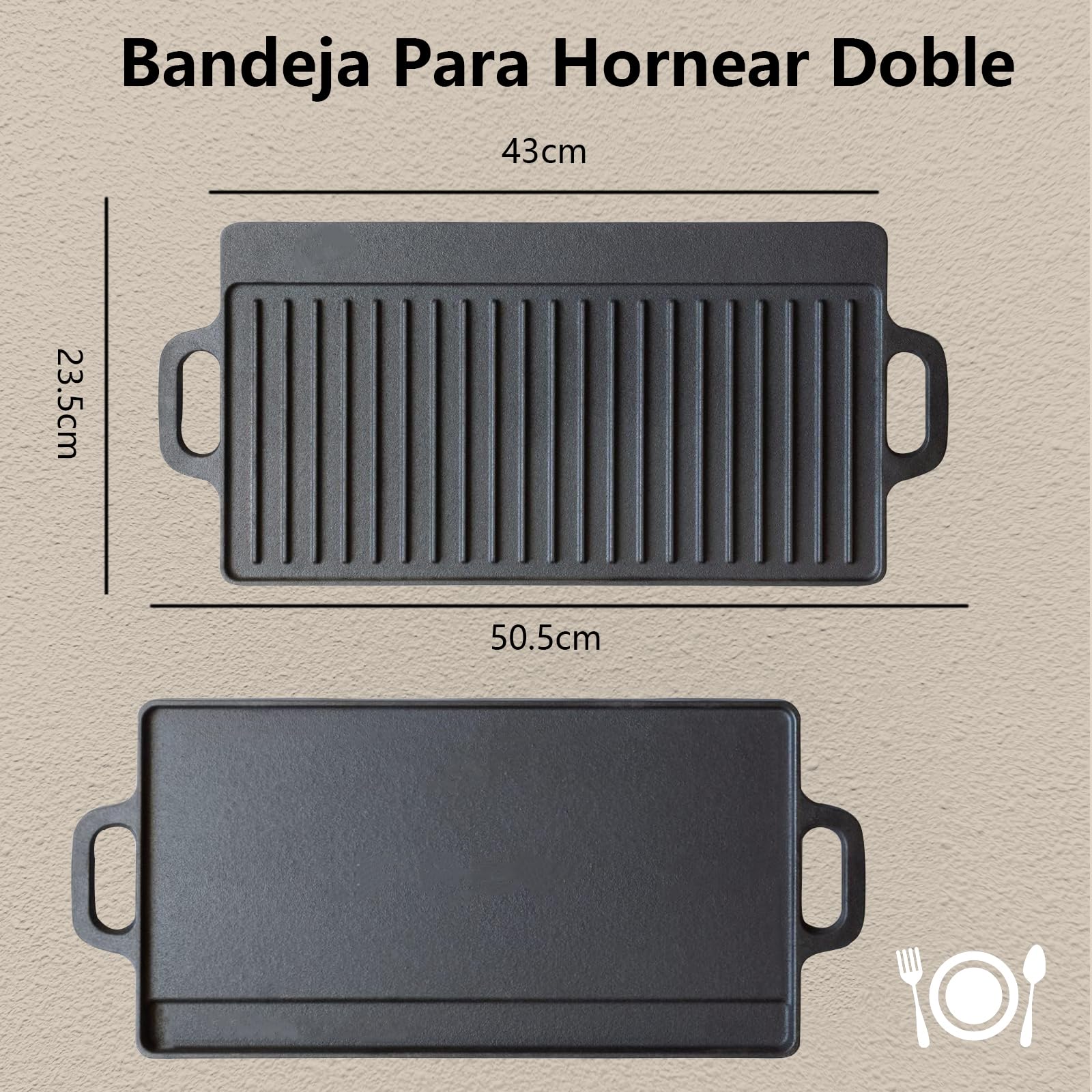 Plancha para Parrilla de Hierro Fundido Reversible Fácil de Limpiar Antiadhesiva 50.5 * 23.5cm para Estufas de Gas y Barbacoas
