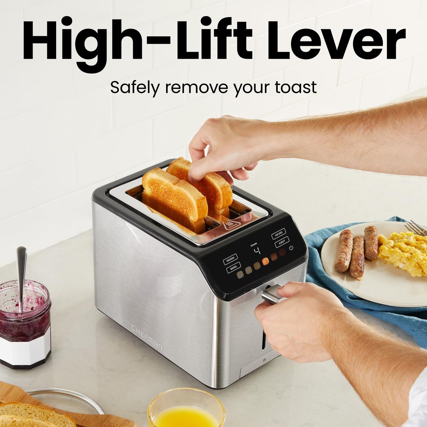 Chefman tostador digital Smart Touch de 2 rebanadas, 6 ajustes de sombra, controles de visualización táctil, ranuras extra anchas para panes gruesos y bagels, + 10 segundos, descongelación, bandeja