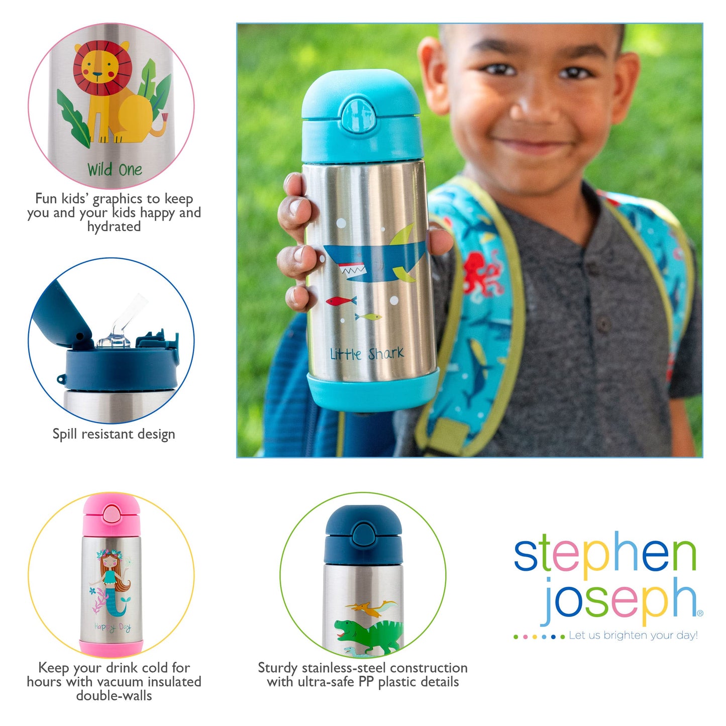 Stephen Joseph Botellas de acero inoxidable de doble pared, botella de agua aislada para niños pequeños, botella aislada al aspiradora con popote, botella de agua sin BPA, 12 onzas, LEOPARD