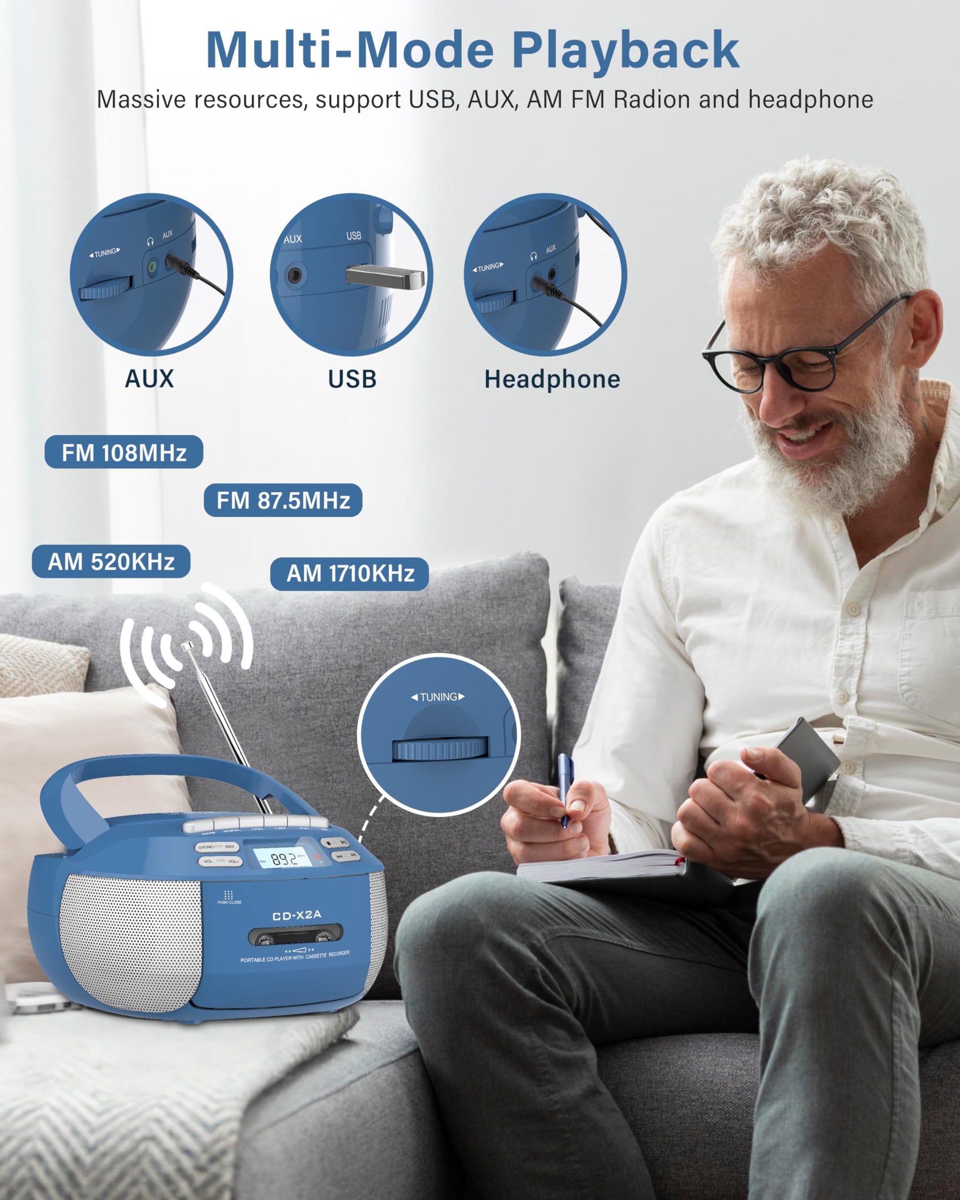 Greadio Boombox - Reproductor de CD de cassette, reproductor de CD portátil con Bluetooth, compatible con radio AM FM, control remoto, AUX/USB/auriculares, funciona con AC/batería, visualización LCD