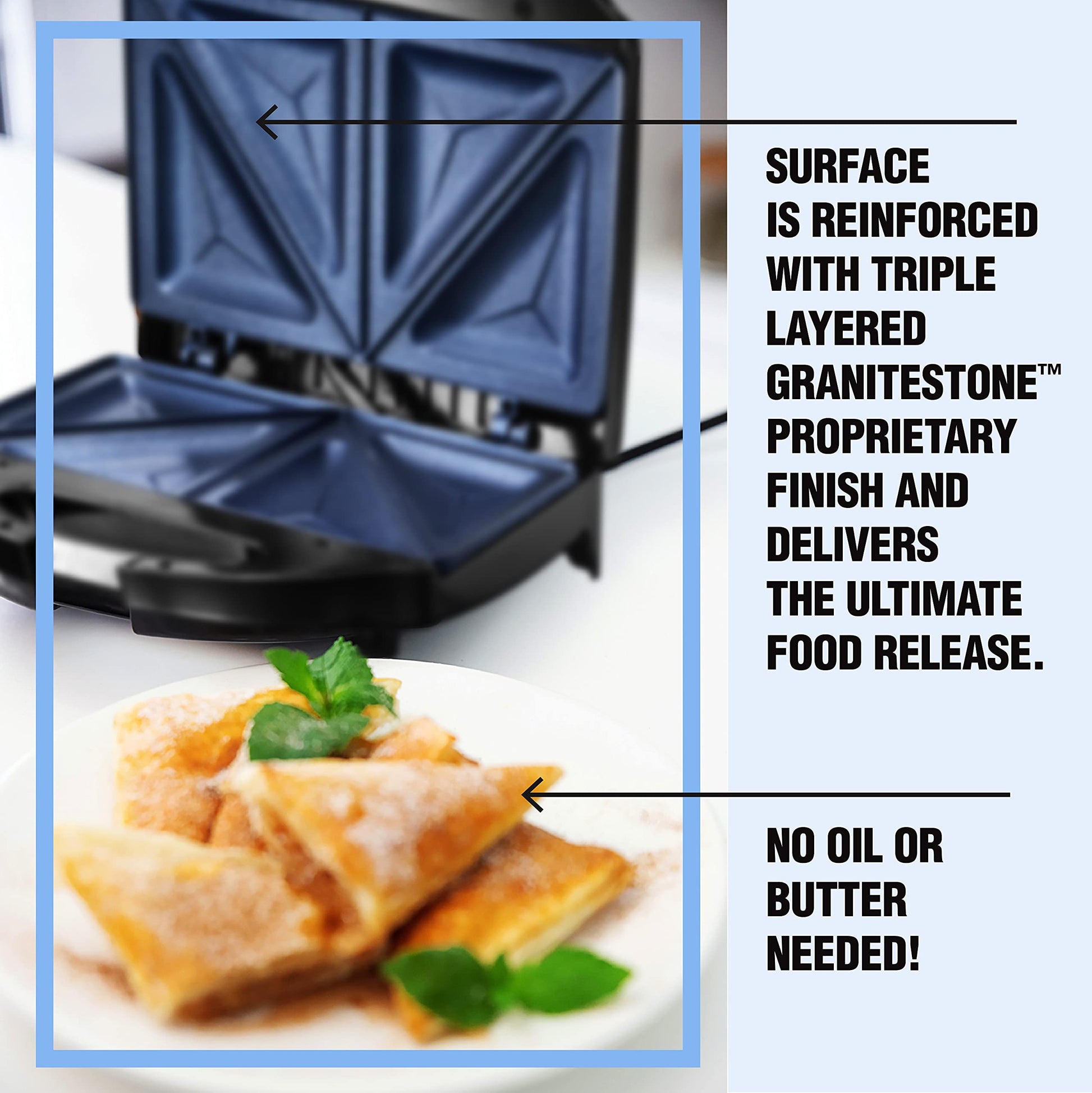 Granitestone Sandwichera, tostador y parrilla eléctrica Panini con superficie mineral ultra antiadherente, hace 2 sándwiches en minutos prácticamente sin limpieza, con bordes de corte fácil y luces