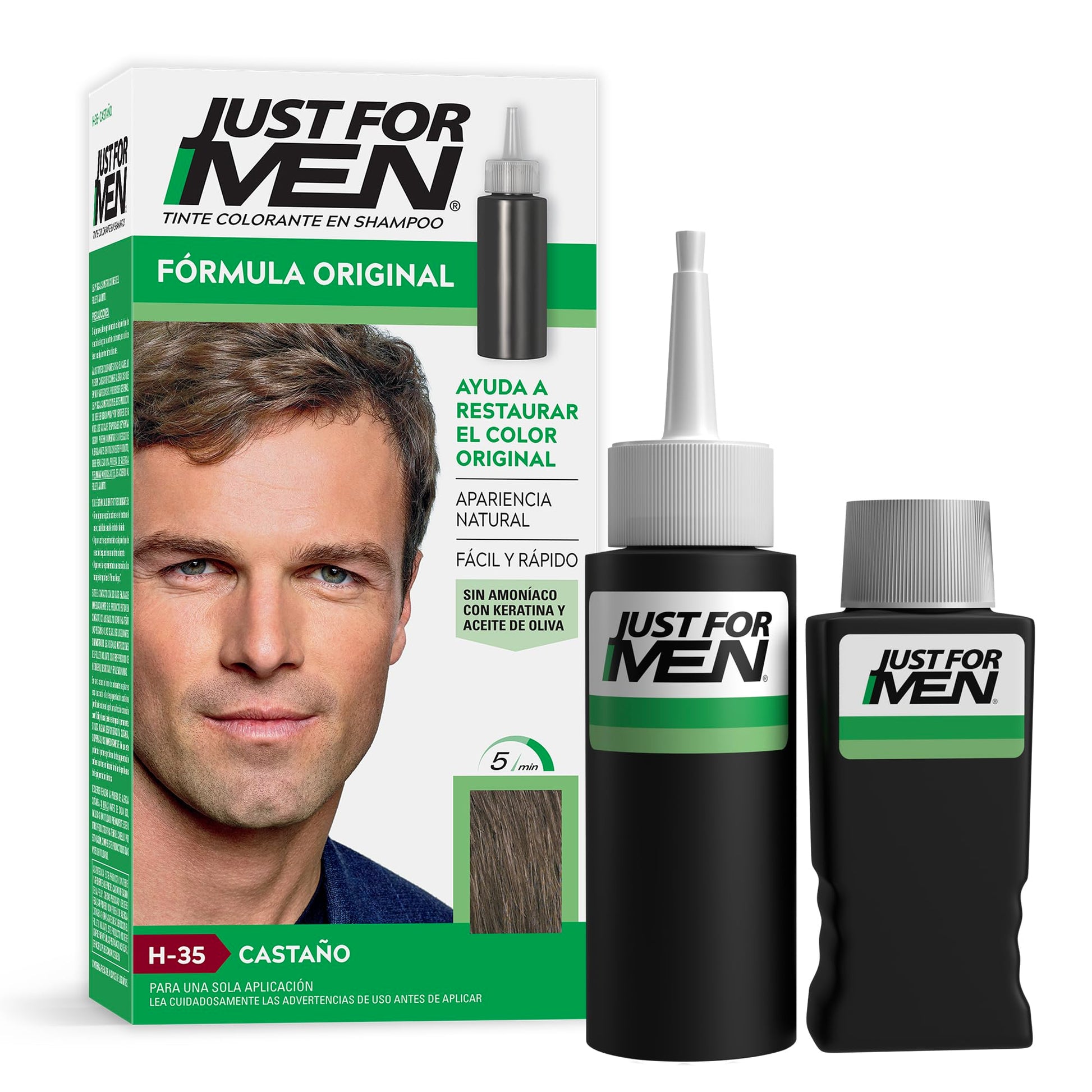 Just For Men, Tinte Colorante En Shampoo, Castaño H35, Formula Original, Cubre El 100% de Las Canas, 66ml