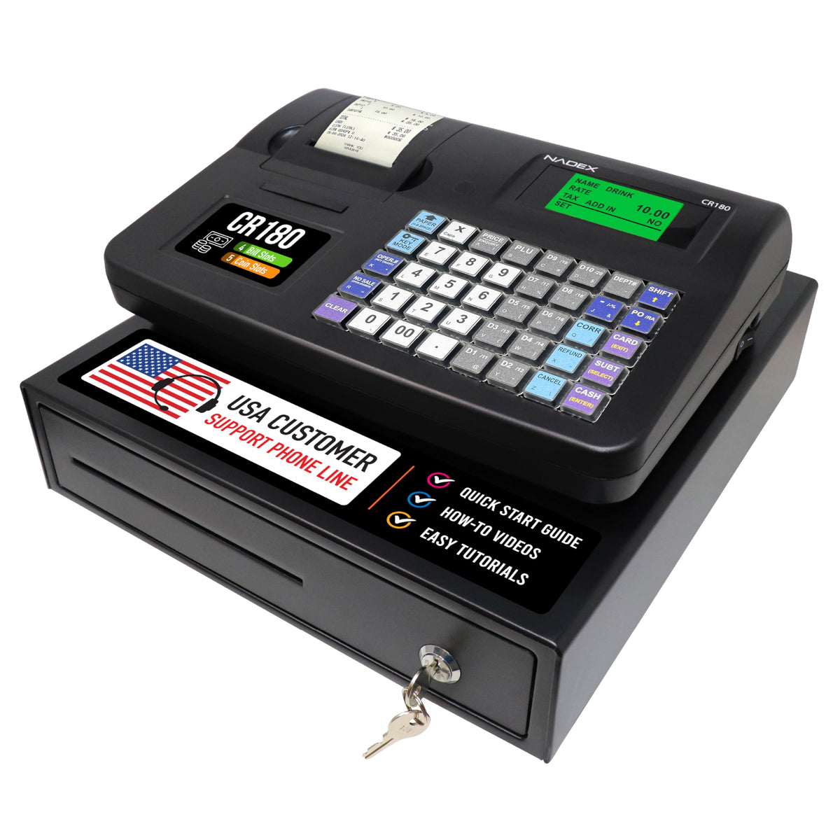 Caja Registradora Electrónica Nadex CR180 Negro con Cajón de Efectivo de Acero y Diseño Compacto