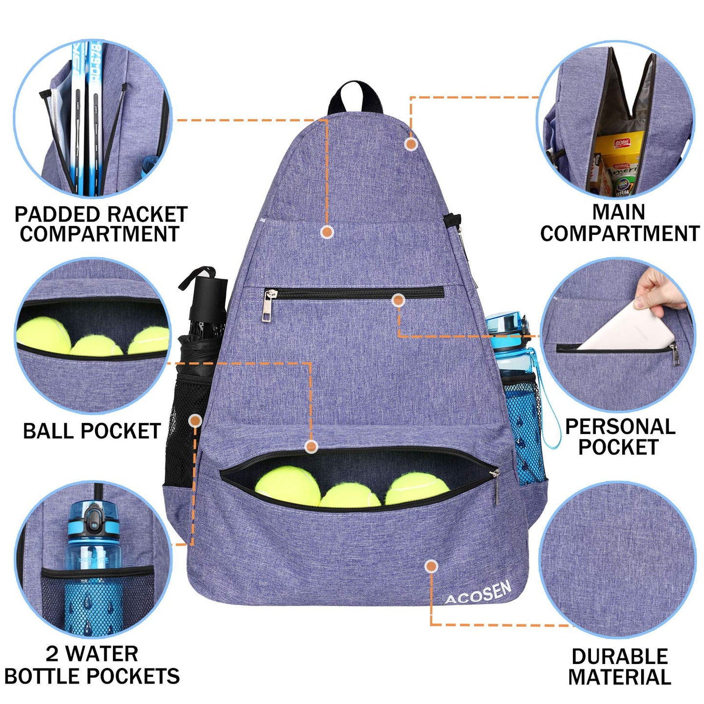 Mochila de Tenis ACOSEN morado con Sujeción para Raquetas para Mujer y Hombre