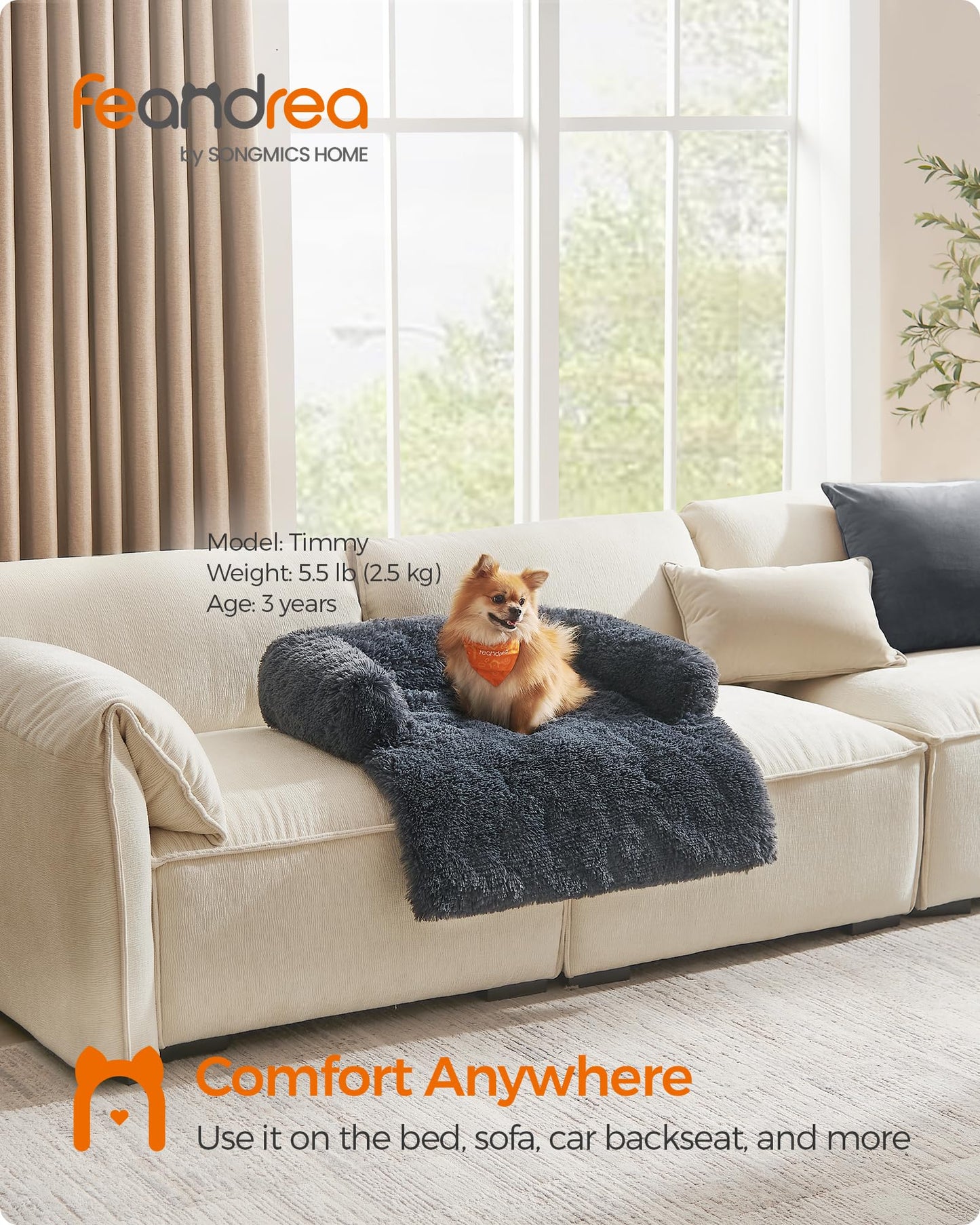 Feandrea Cama para Perros, Funda Protectora para Sofá, 80 x 75 x 16 cm, Tela de Felpa, M, para Perros Pequeños y Medianos,Gris Oscuro MPGW221G02