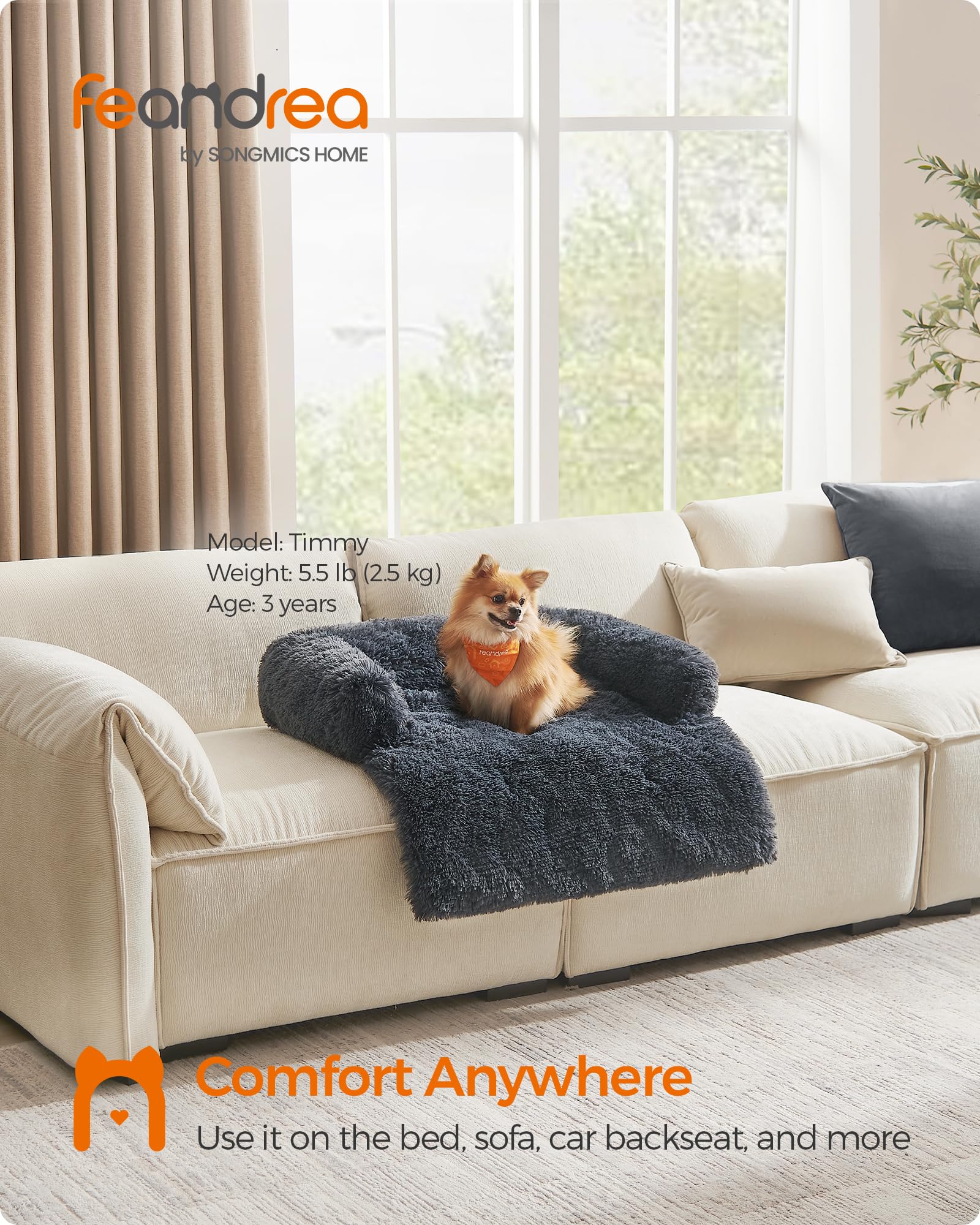 Feandrea Cama para Perros, Funda Protectora para Sofá, 80 x 75 x 16 cm, Tela de Felpa, M, para Perros Pequeños y Medianos,Gris Oscuro MPGW221G02
