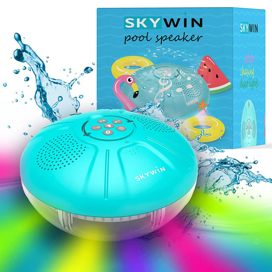 Skywin Hot Tub Speakers and Speakerphone - Disco Light Floating Waterproof IPX7 Large Wireless Pool and Shower Speaker - Pool Speakers Support Dual Speaker Connection and Feature Quality 2.1 Sound