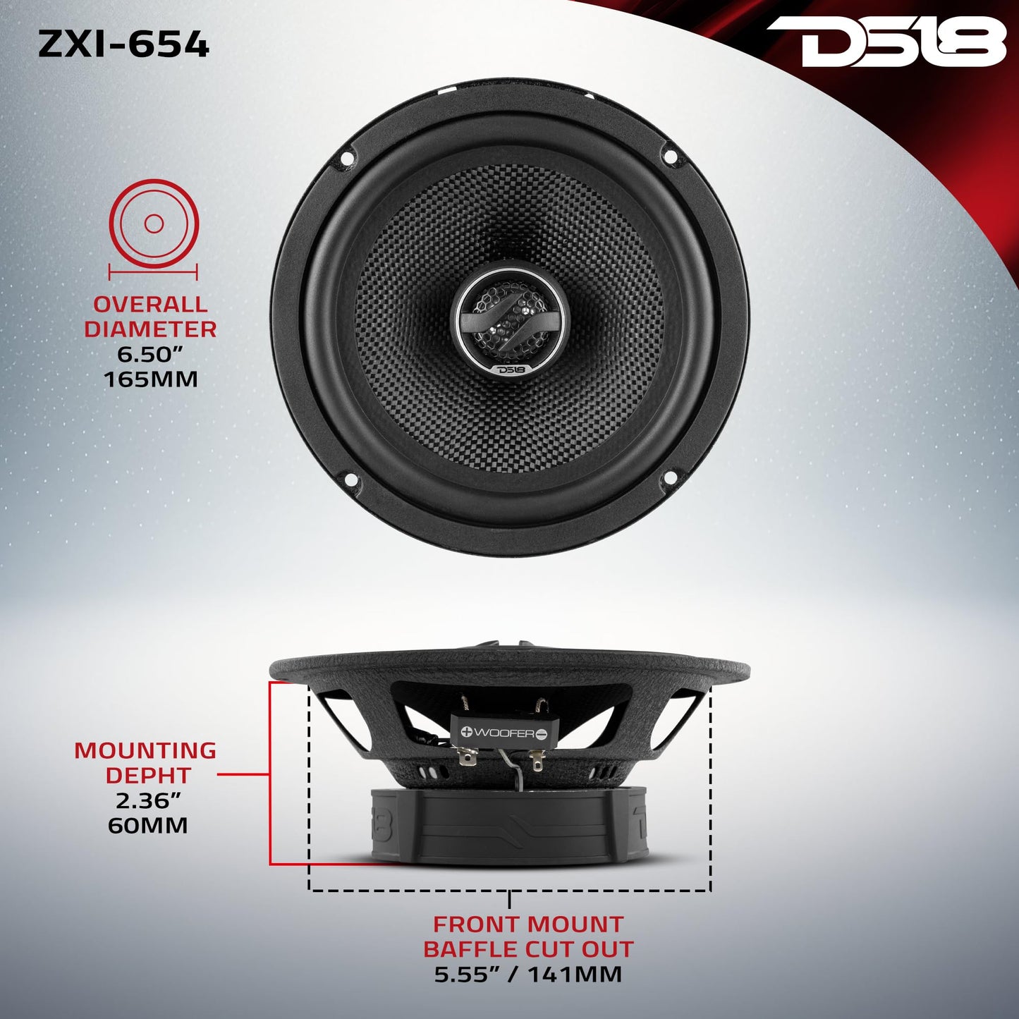 DS18 ZXI-654 - Altavoz coaxial de Audio para Coche (6,5 Pulgadas, con Tweeter de neodimio Integrado y Cono de Kevlar, 2 vías, 240 W, máx. 4 Ohm (2 Altavoces)