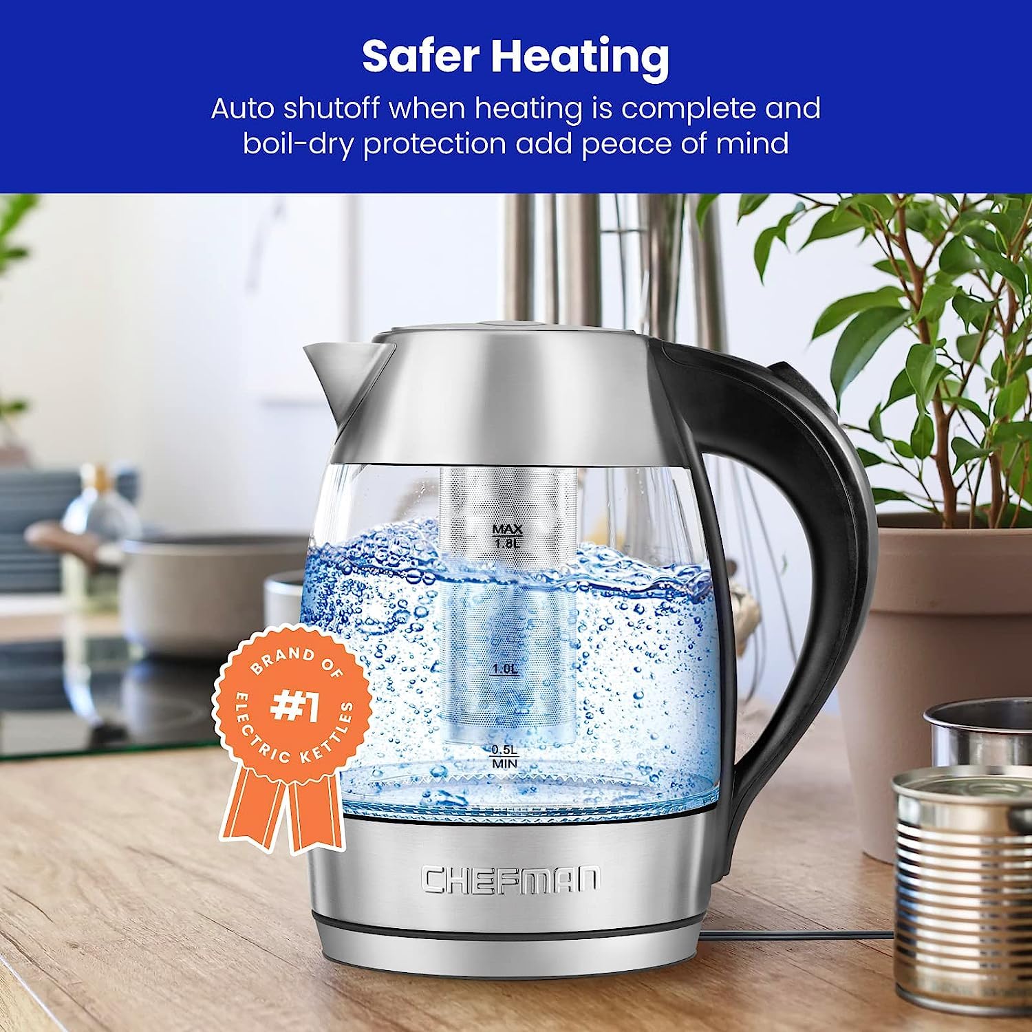 Chefman Tetera con Jarra de Cristal | Hervidor Eléctrico de 1.8 Litros | Base de 360 Grados | Acero inoxidable