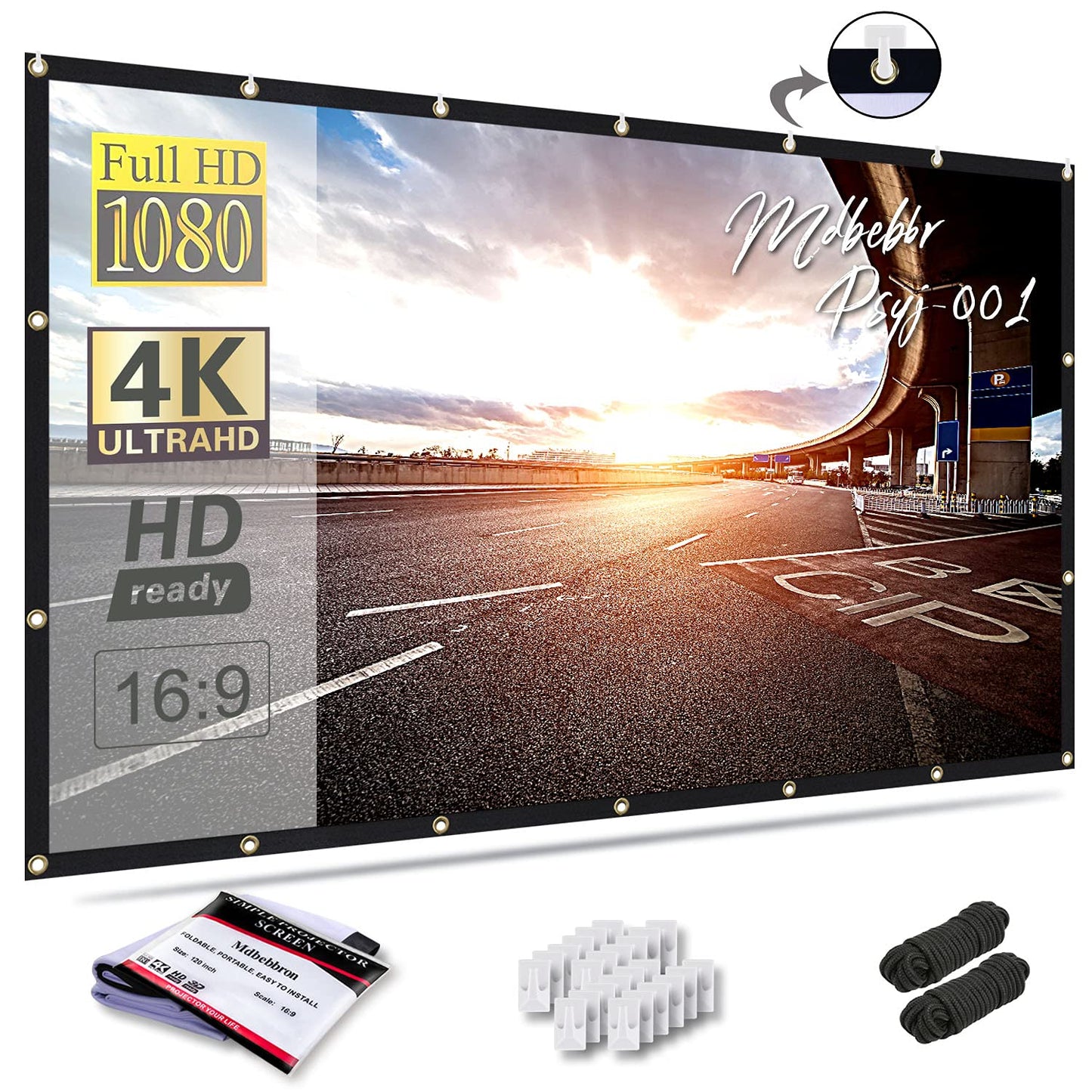 Mdbebbron - Proyector de visualización de 120 pulgadas 16:9 plegable antiarrugas portátil proyector de películas para cine en casa al aire última intervensión soporte interior proyección de doble cara