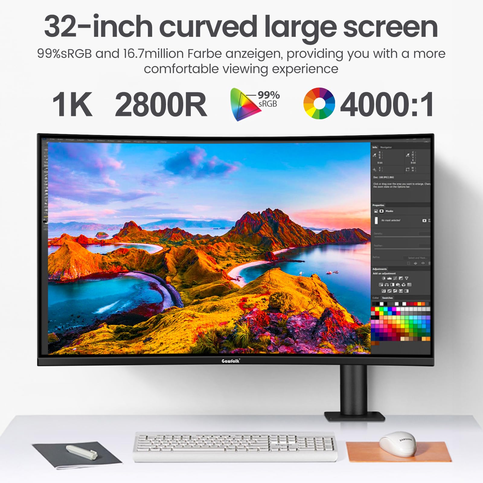 Gawfolk - Monitor Curvo de 32 Pulgadas, Marco Cero Ultrafino, Full HD 1440p, HDMI/VGA, para Oficina en Casa y Negocios